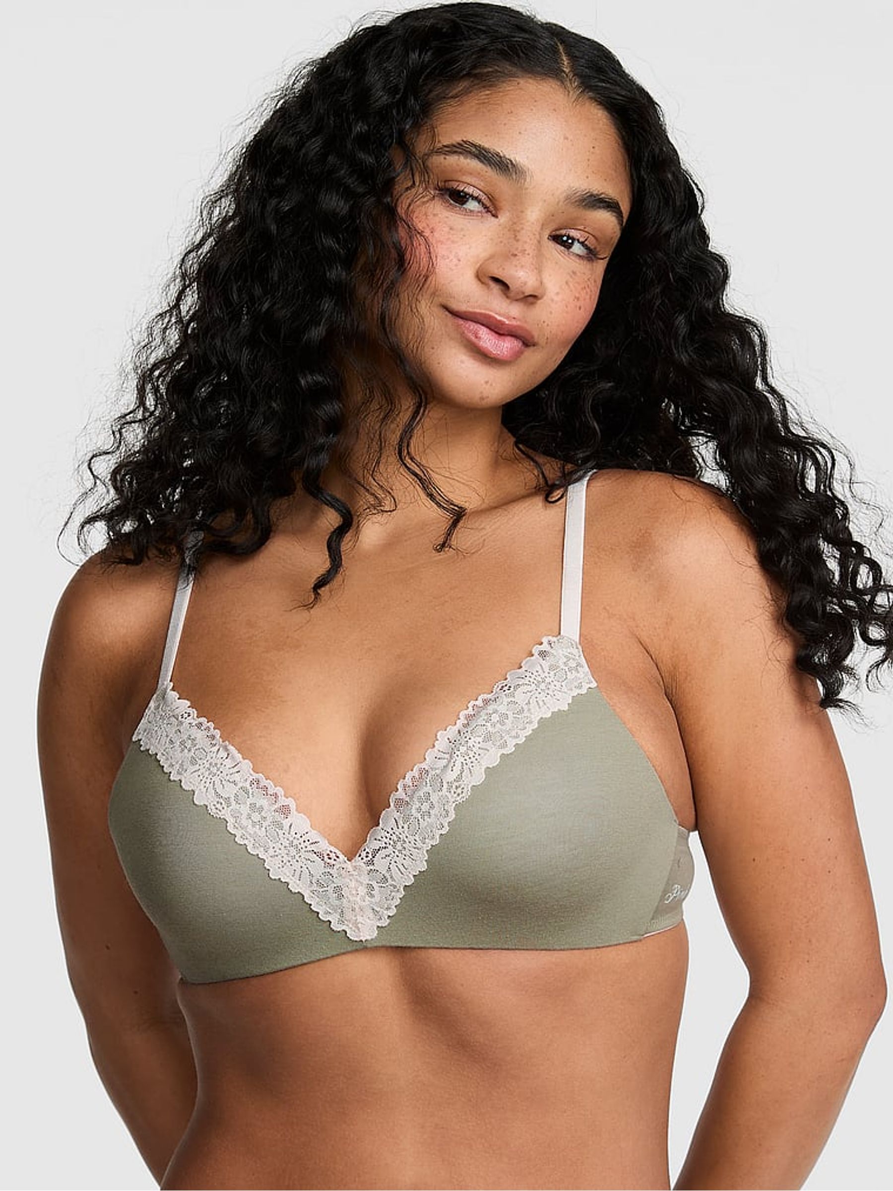 Slate Green Non Wired Push Up Cotton Heather Lace Trim Bra - Image 1 of 2