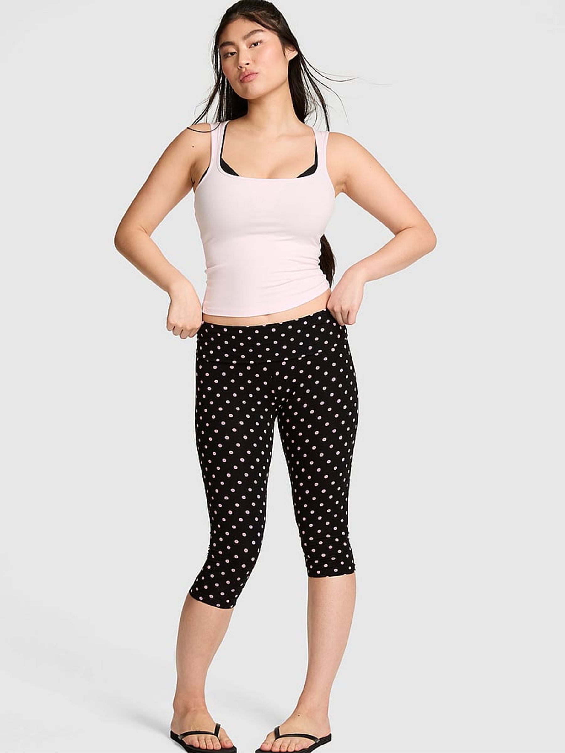 Black Pink Polka Dot Foldover Capri Leggings - Image 1 of 2