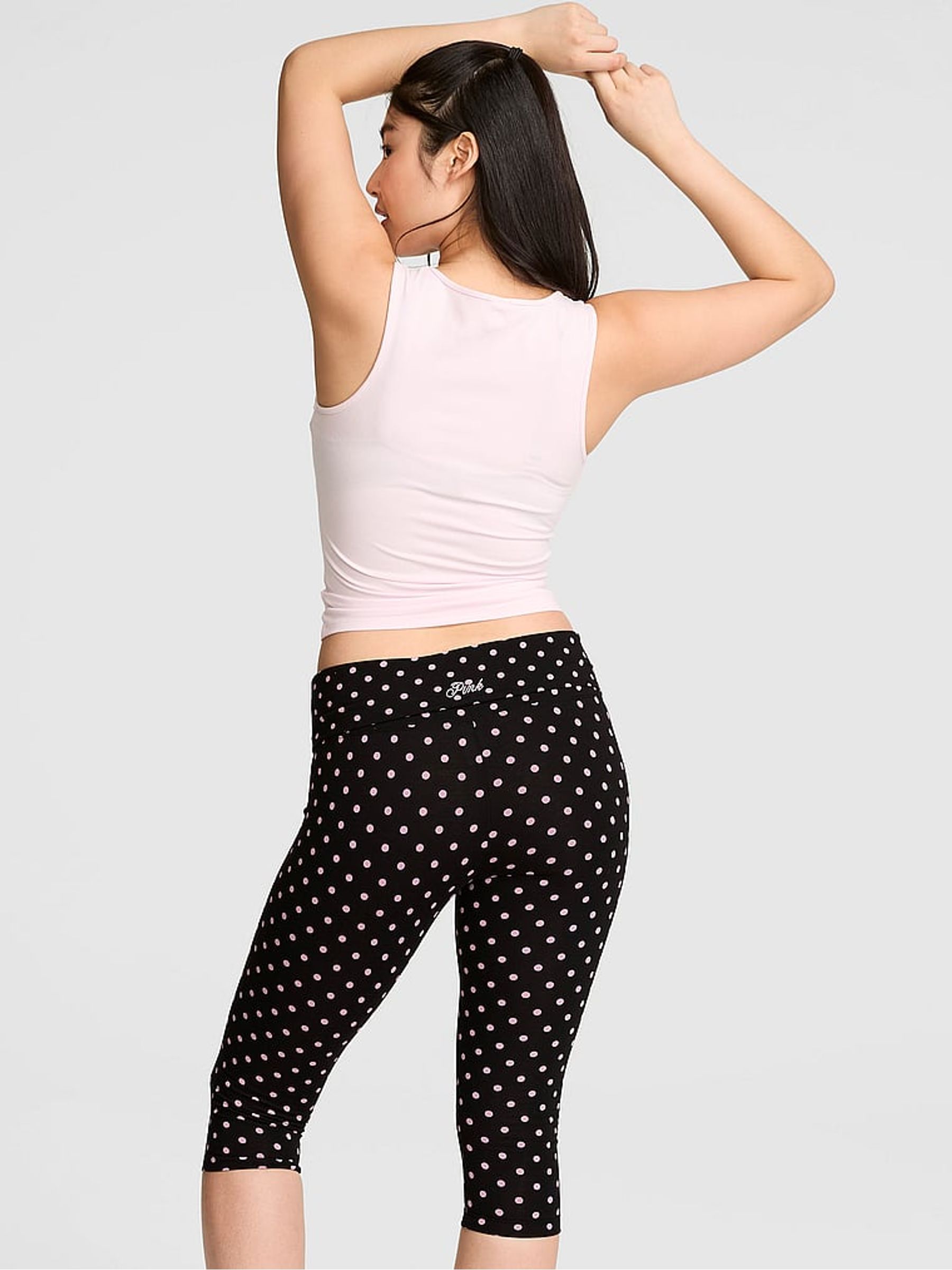 Black Pink Polka Dot Foldover Capri Leggings - Image 2 of 2