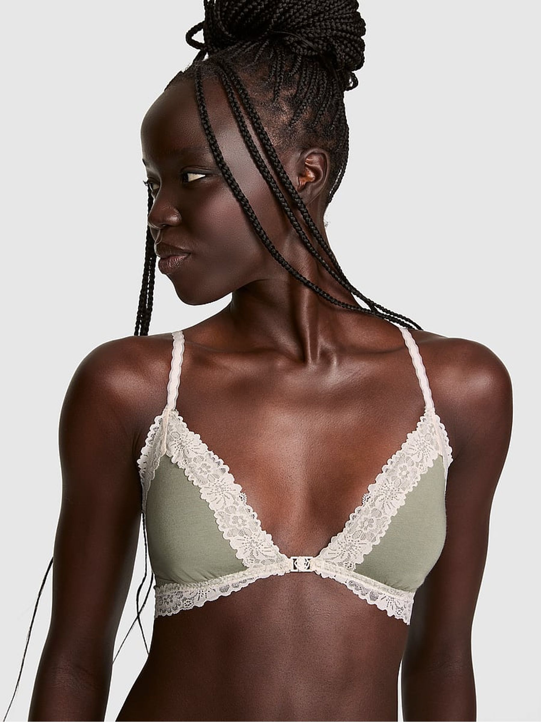 Slate Green Front Close Cotton Heather Lace Trim Bra - Image 1 of 2