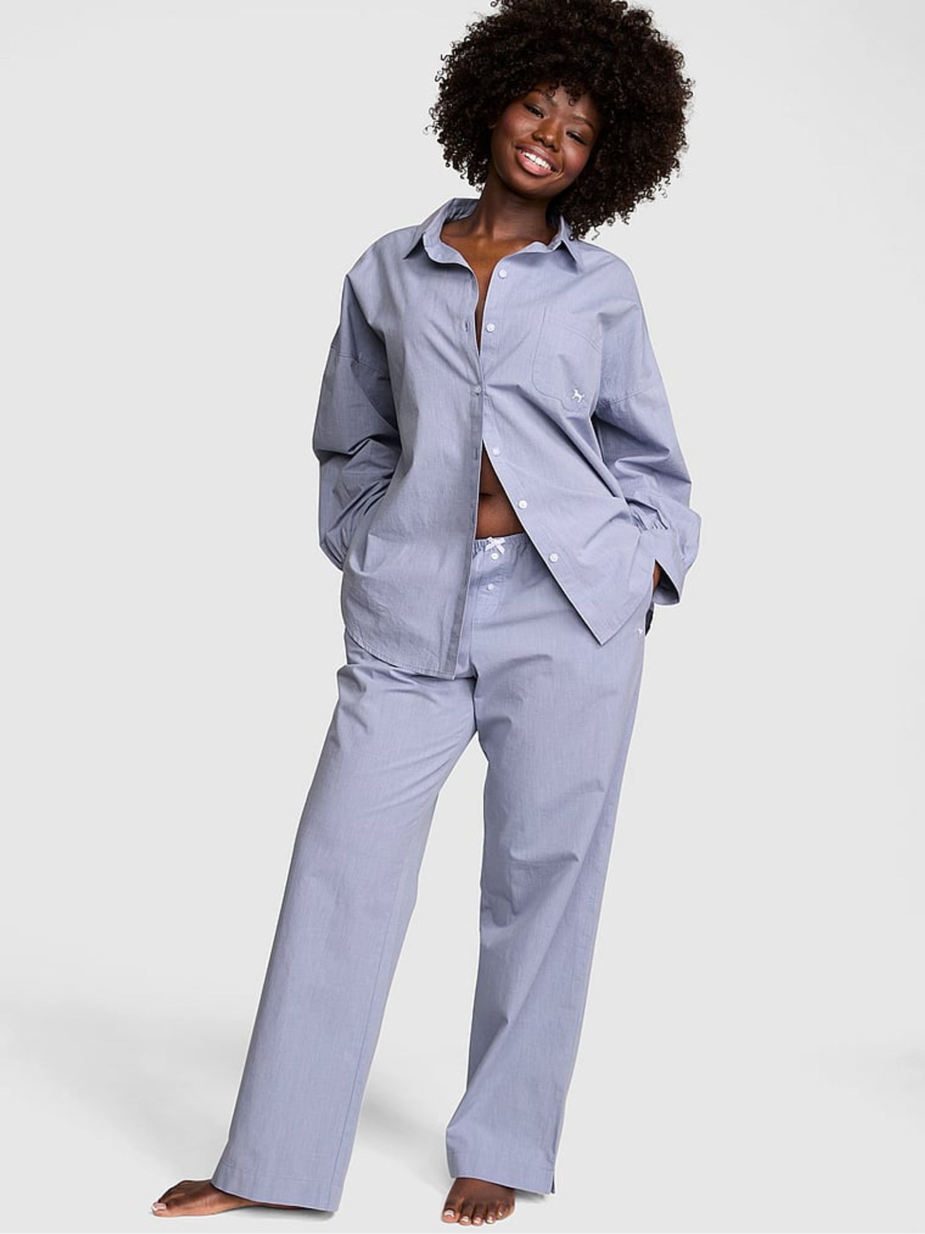 Chambray Blue Long Split Leg Pyjama Bottoms - Image 1 of 2