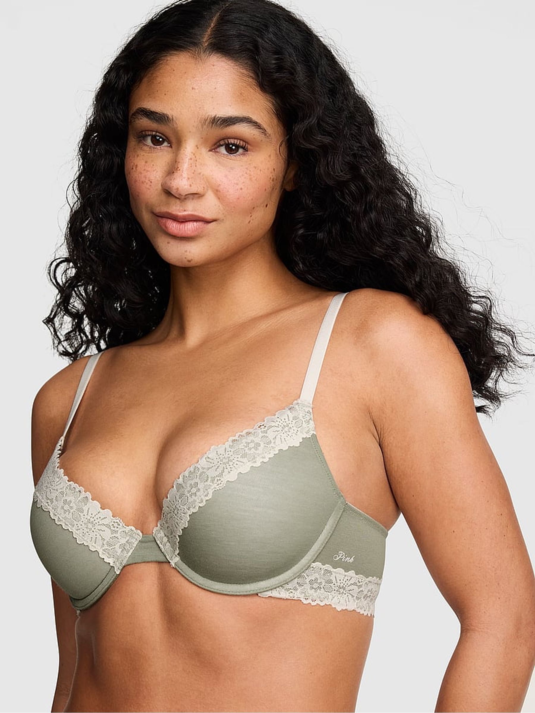 Slate Green Push Up Cotton Heather Lace Trim Bra - Image 1 of 2