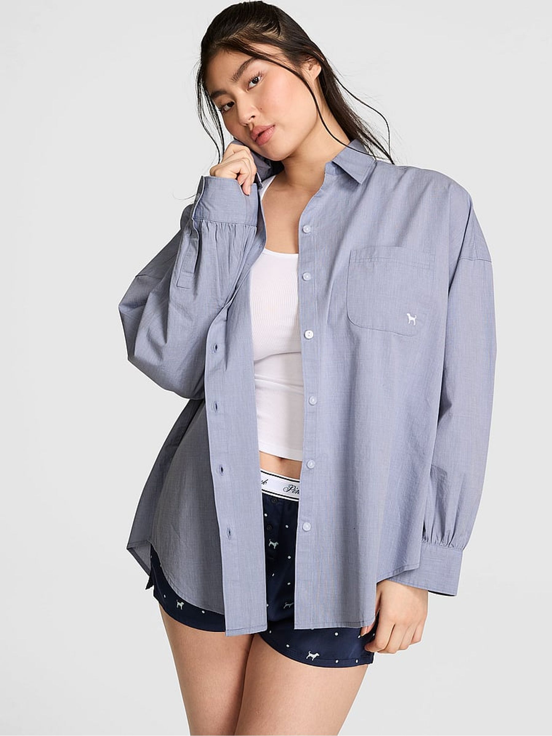 Chambray Blue Oversized Button Down Pyjama Top - Image 1 of 2