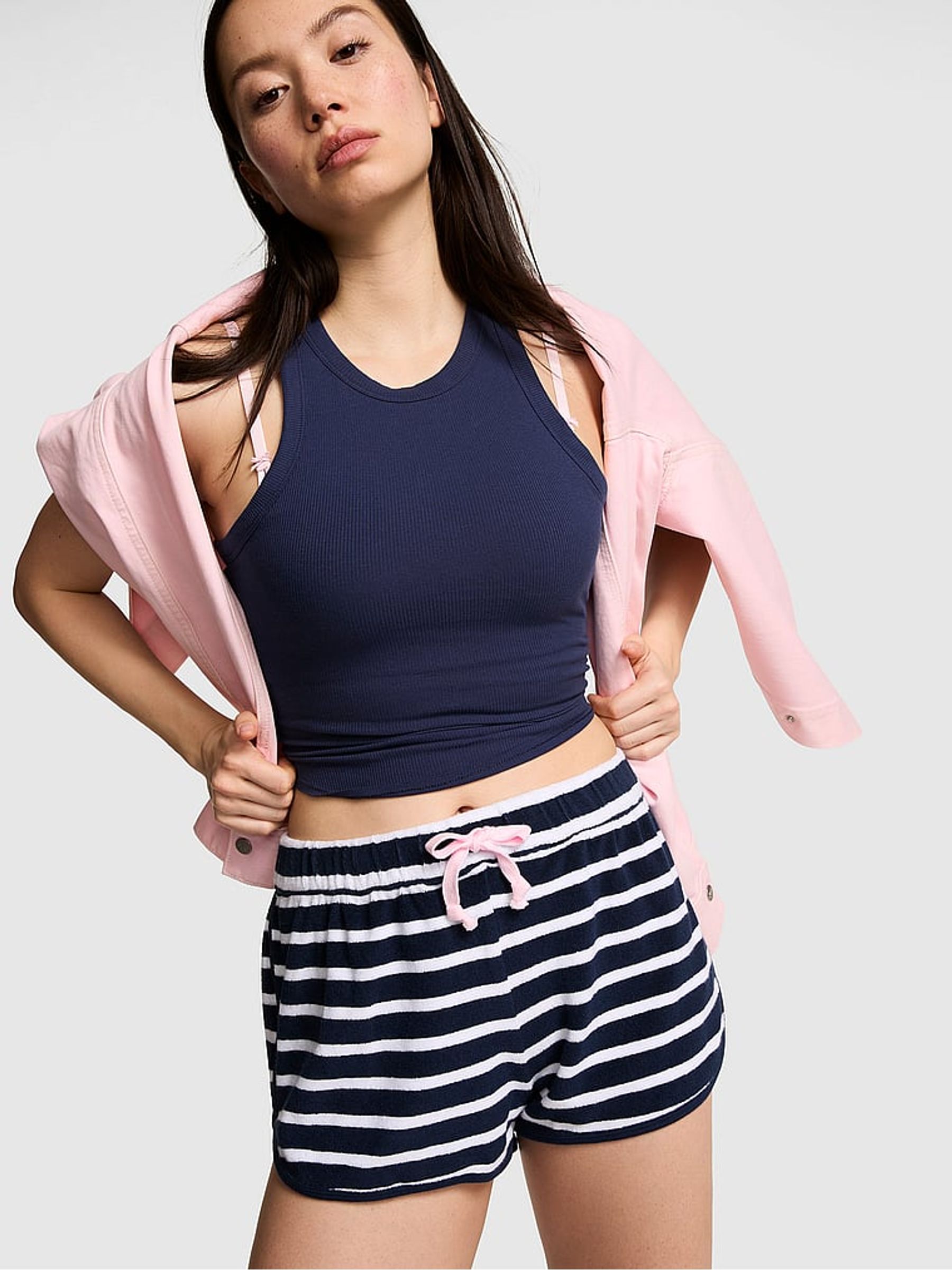 Noir Navy Blue Stripes Terry Shorts - Image 1 of 3