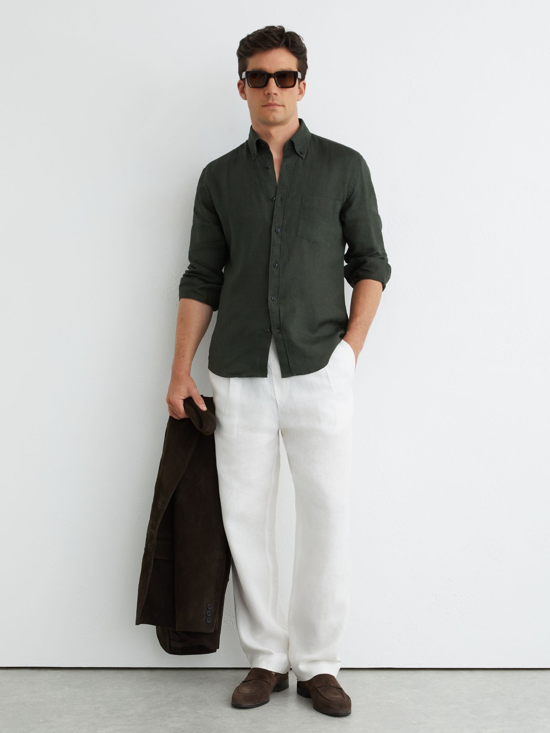 Linen Regular-Fit Button-Down Shirt in Midnight Green - Image 1 of 5 Linen Regular-Fit Button-Down Shirt in Midnight Green - Image 1 of 5