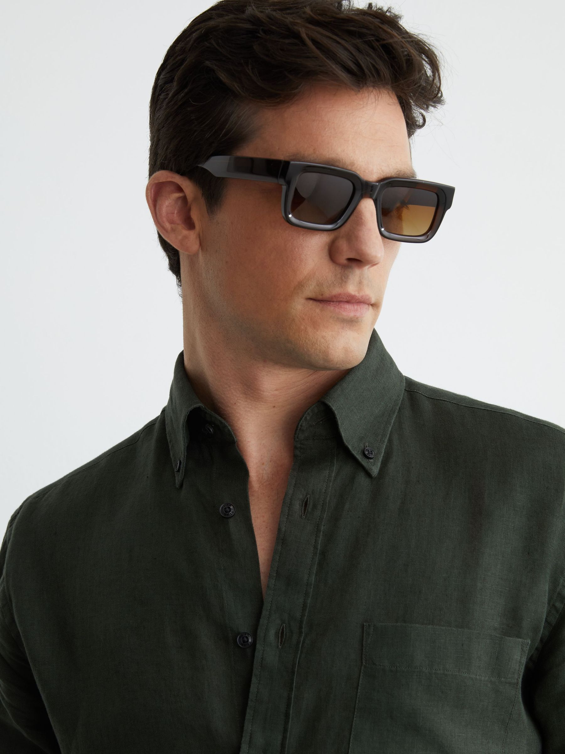 Linen Regular-Fit Button-Down Shirt in Midnight Green - Image 3 of 5