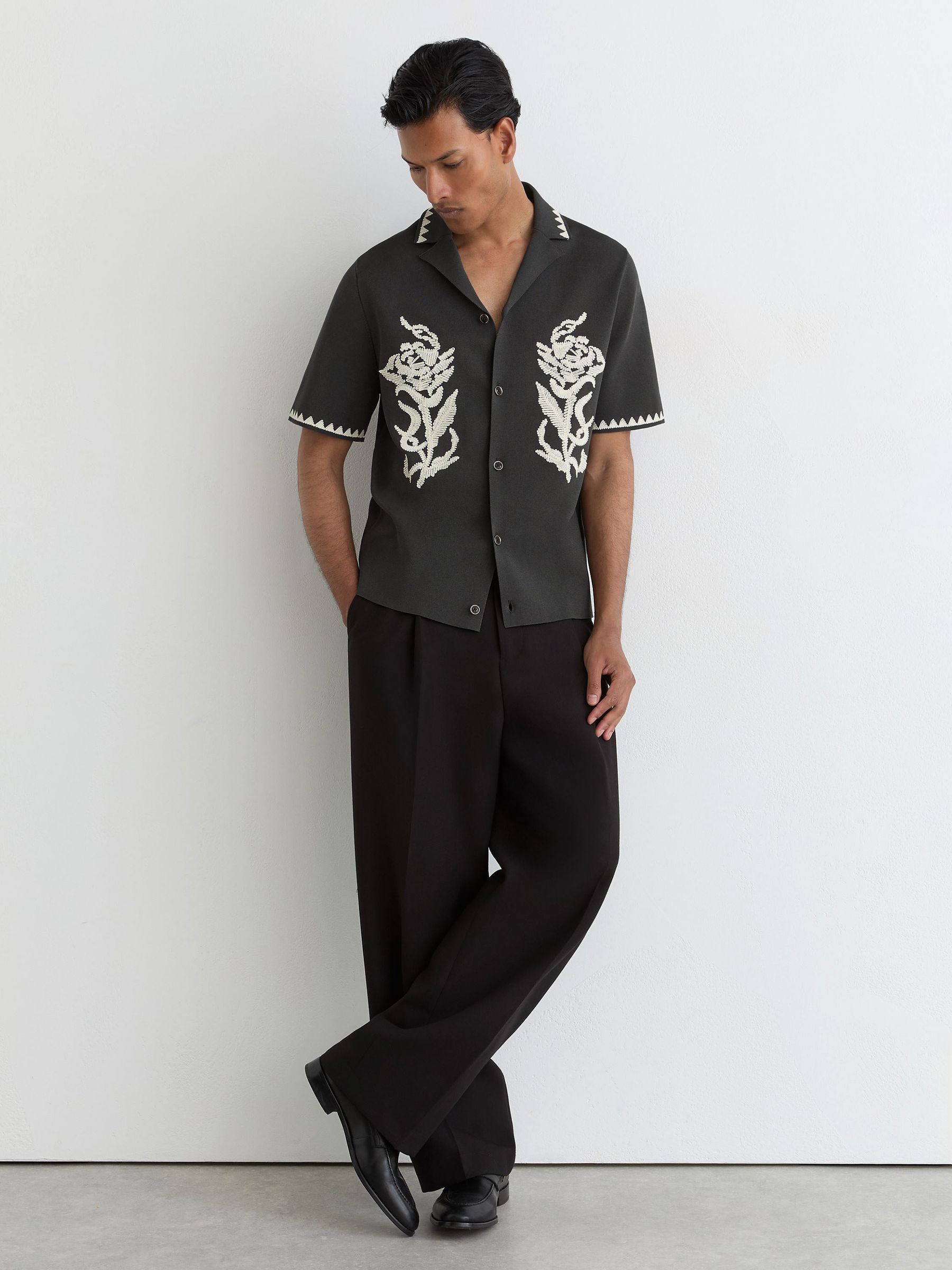 Floral-Embroidered Knitted Shirt in Anthracite Grey - Image 1 of 5