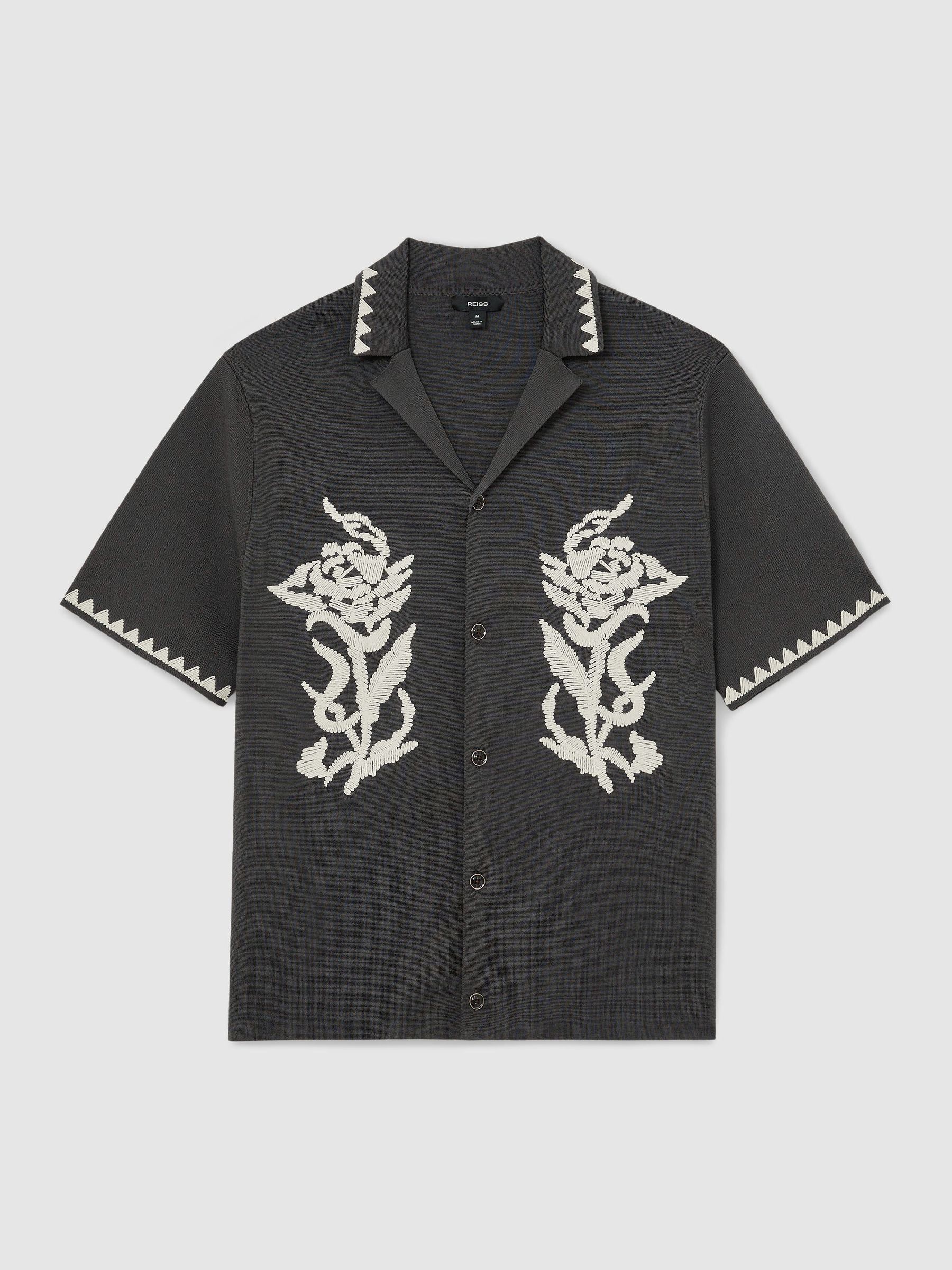 Floral-Embroidered Knitted Shirt in Anthracite Grey - Image 2 of 5