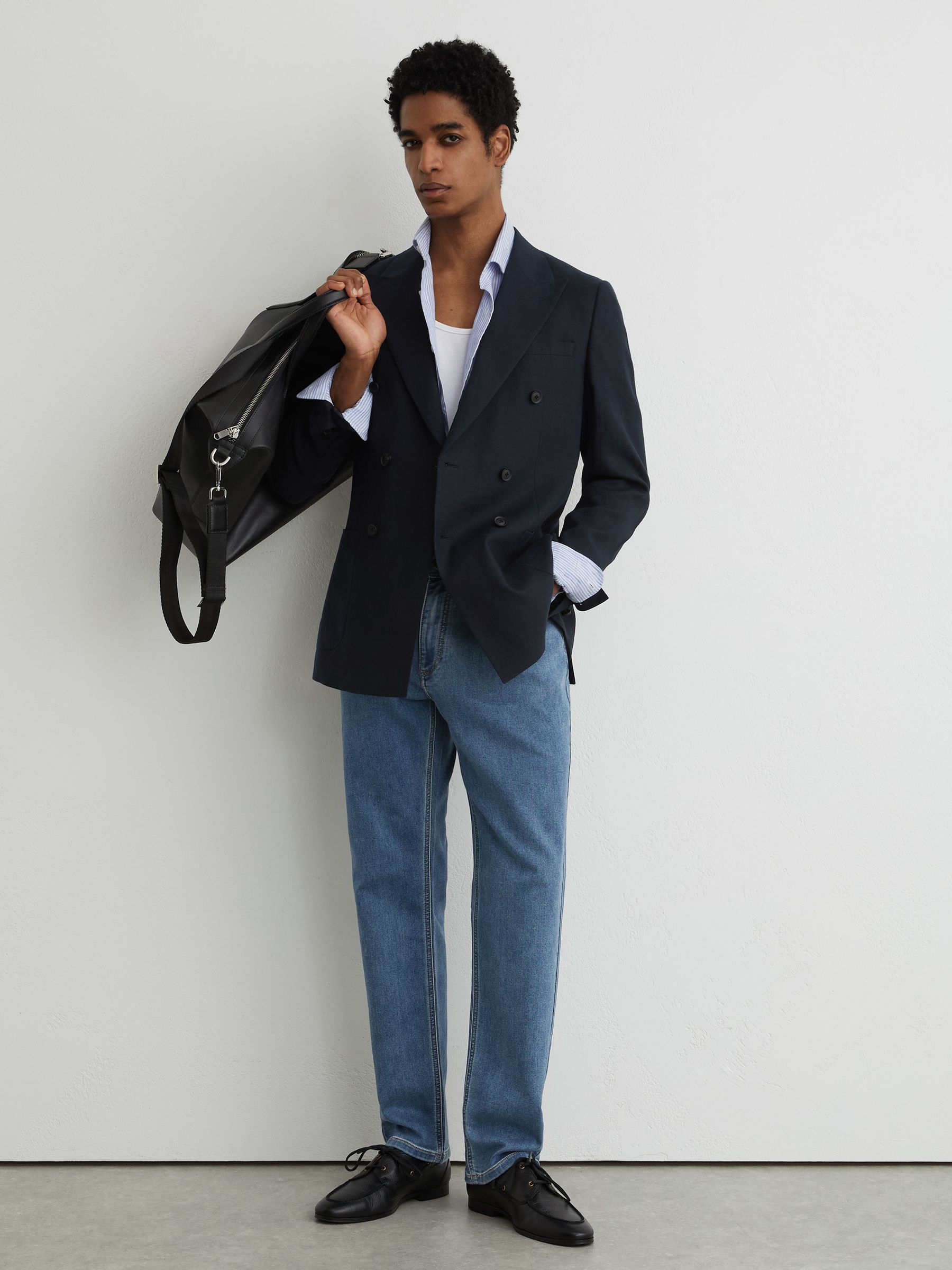 Soft-Stretch Straight-Leg Jeans in Light Wash Blue - Image 1 of 7