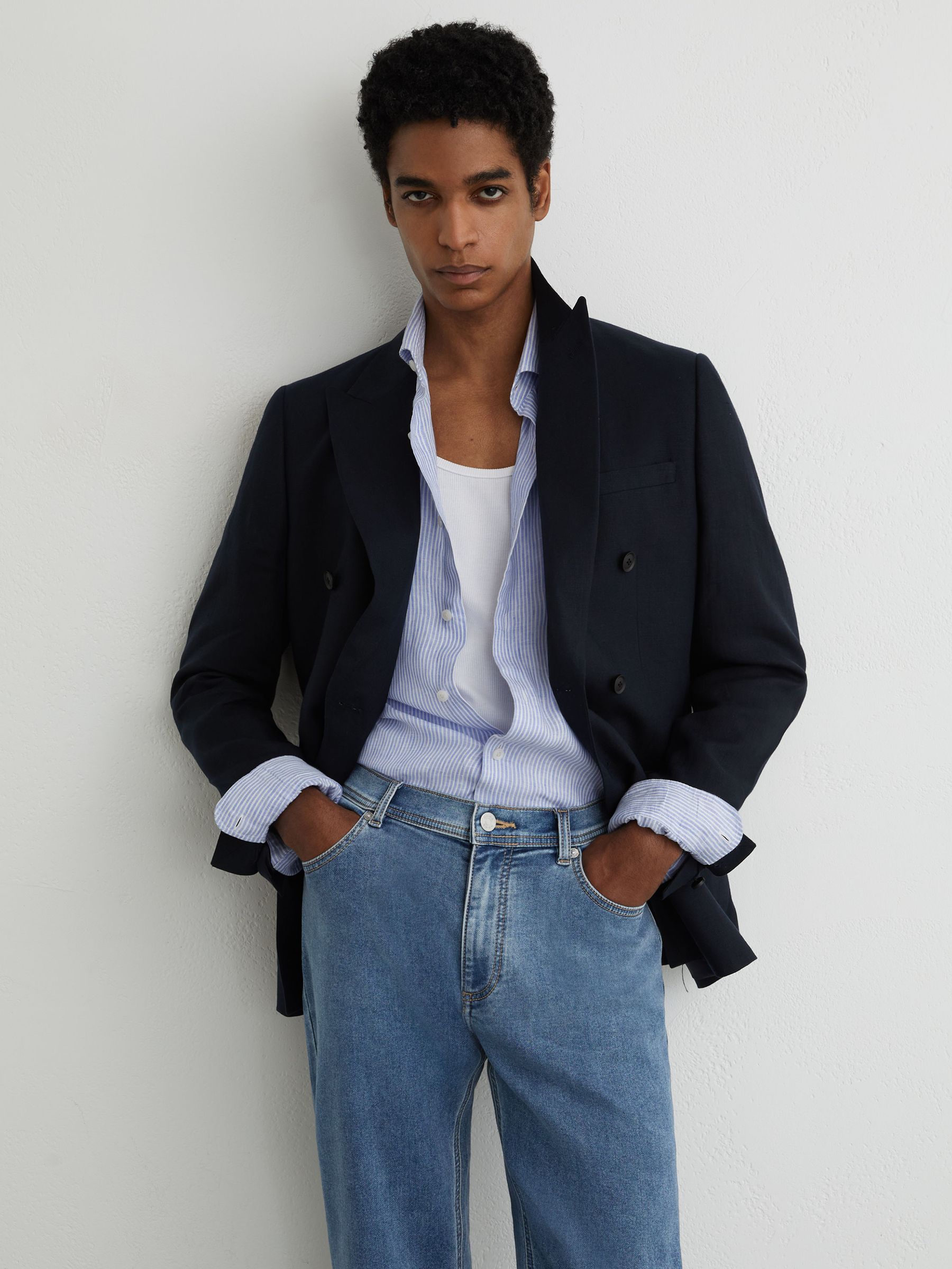 Soft-Stretch Straight-Leg Jeans in Light Wash Blue - Image 4 of 7