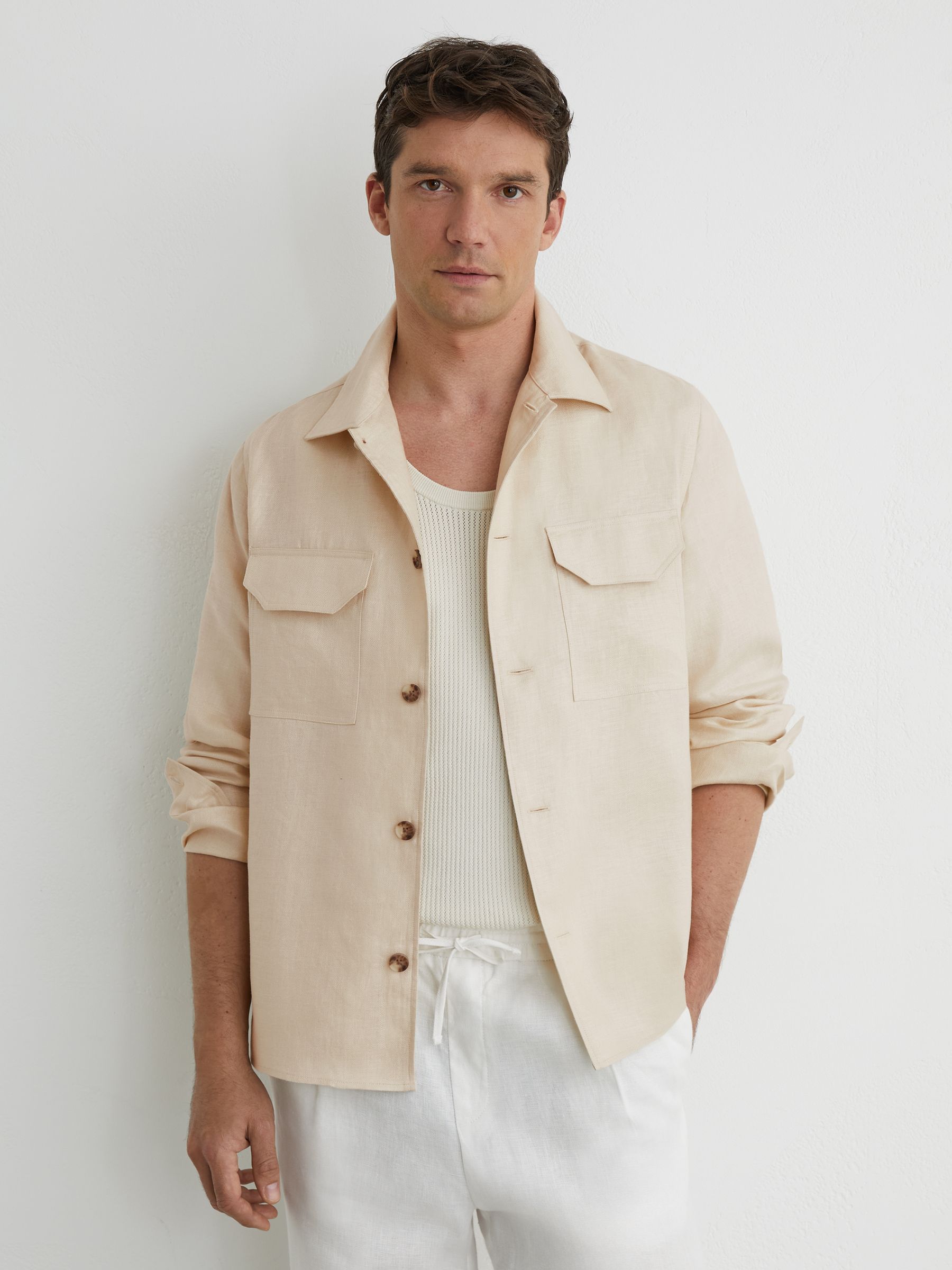 Linen Herringbone-Stripe Regular-Fit Shirt in Stone - Image 1 of 7