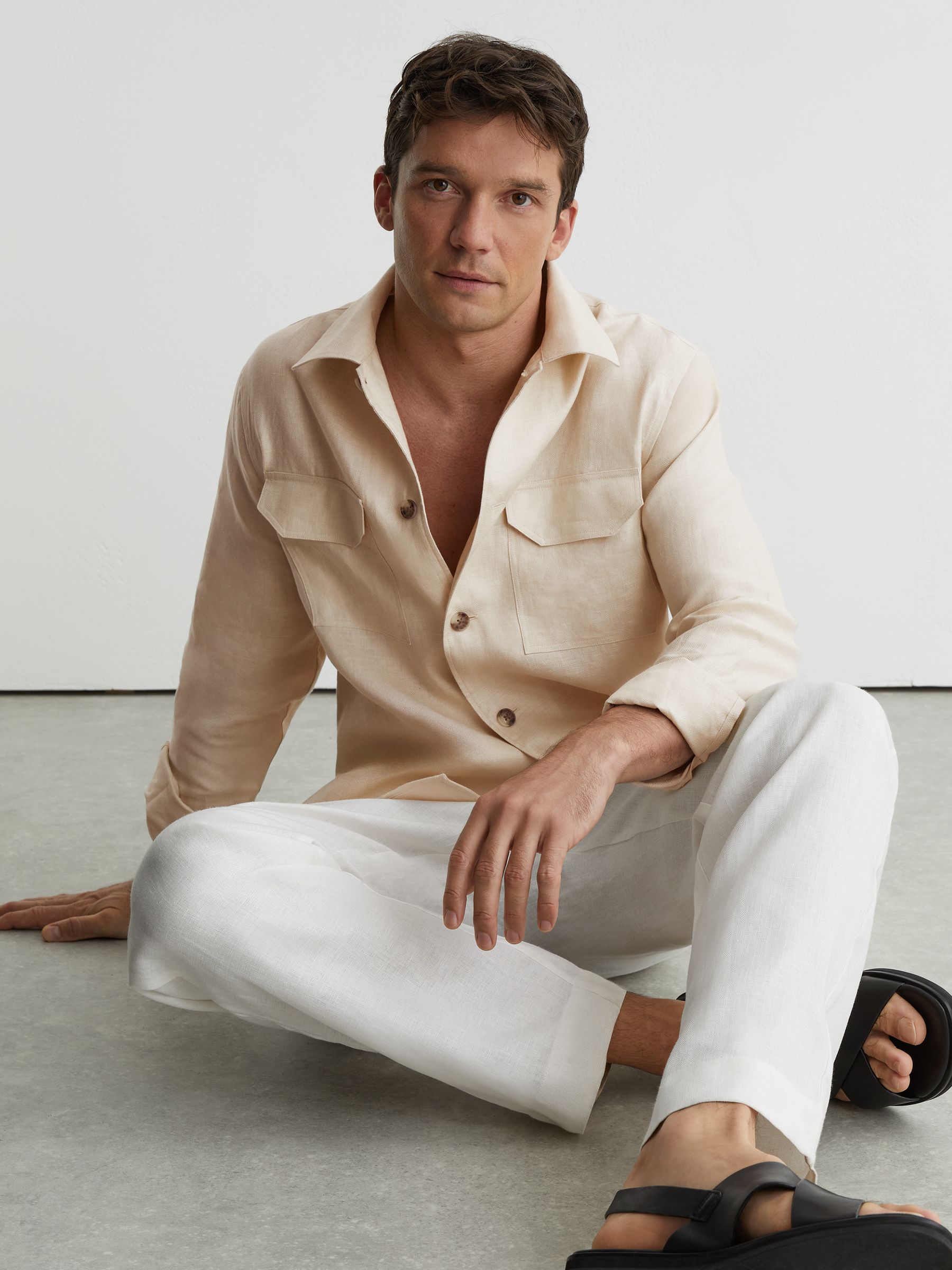 Linen Herringbone-Stripe Regular-Fit Shirt in Stone - Image 3 of 7