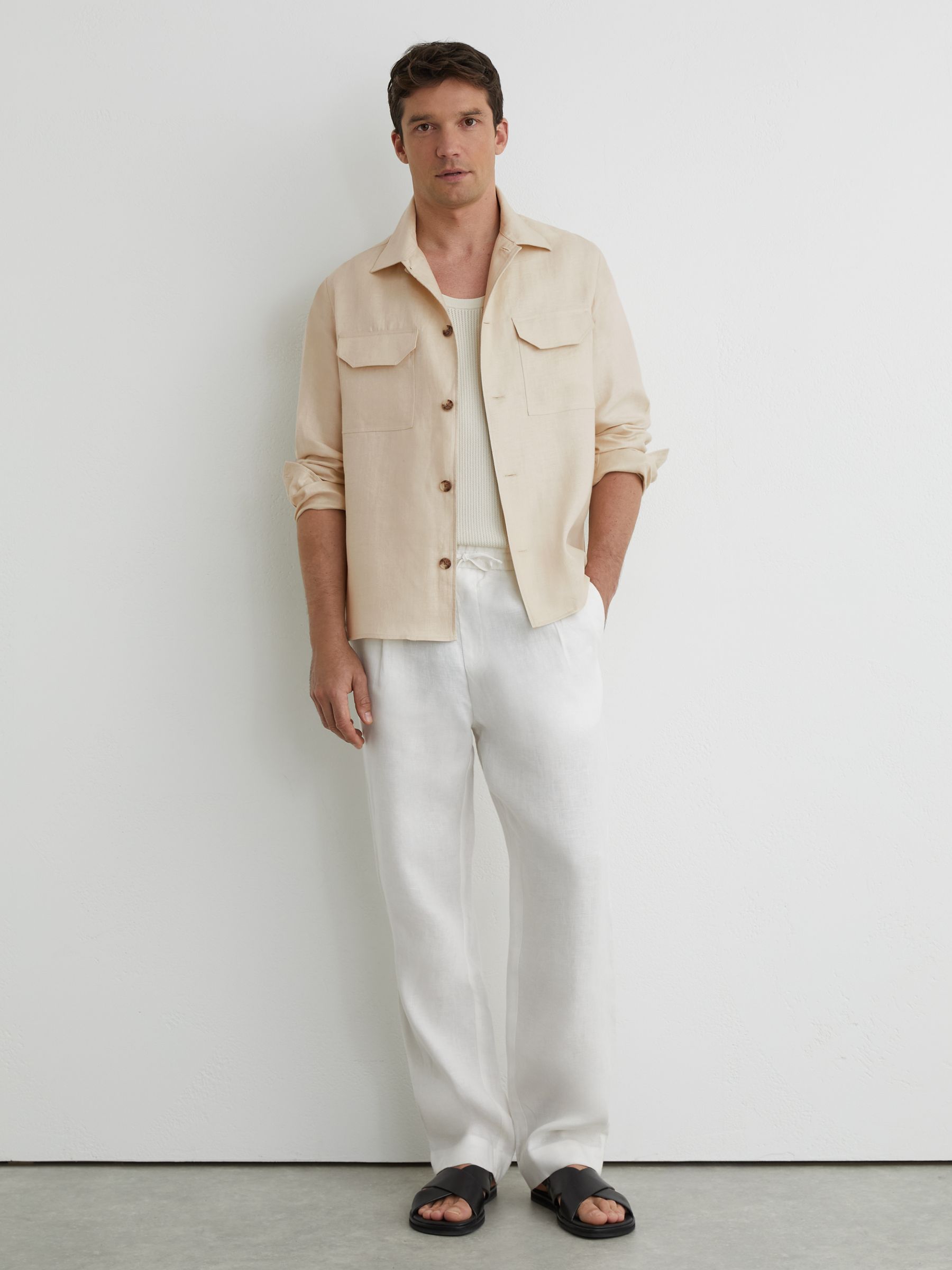 Linen Herringbone-Stripe Regular-Fit Shirt in Stone - Image 4 of 7