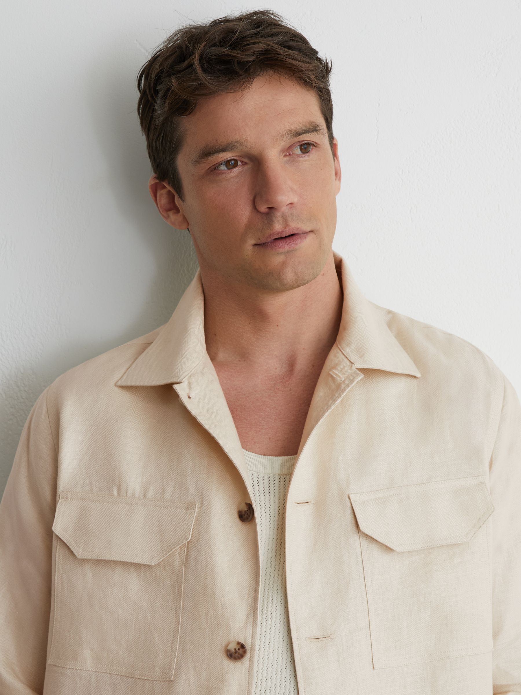 Linen Herringbone-Stripe Regular-Fit Shirt in Stone - Image 5 of 7