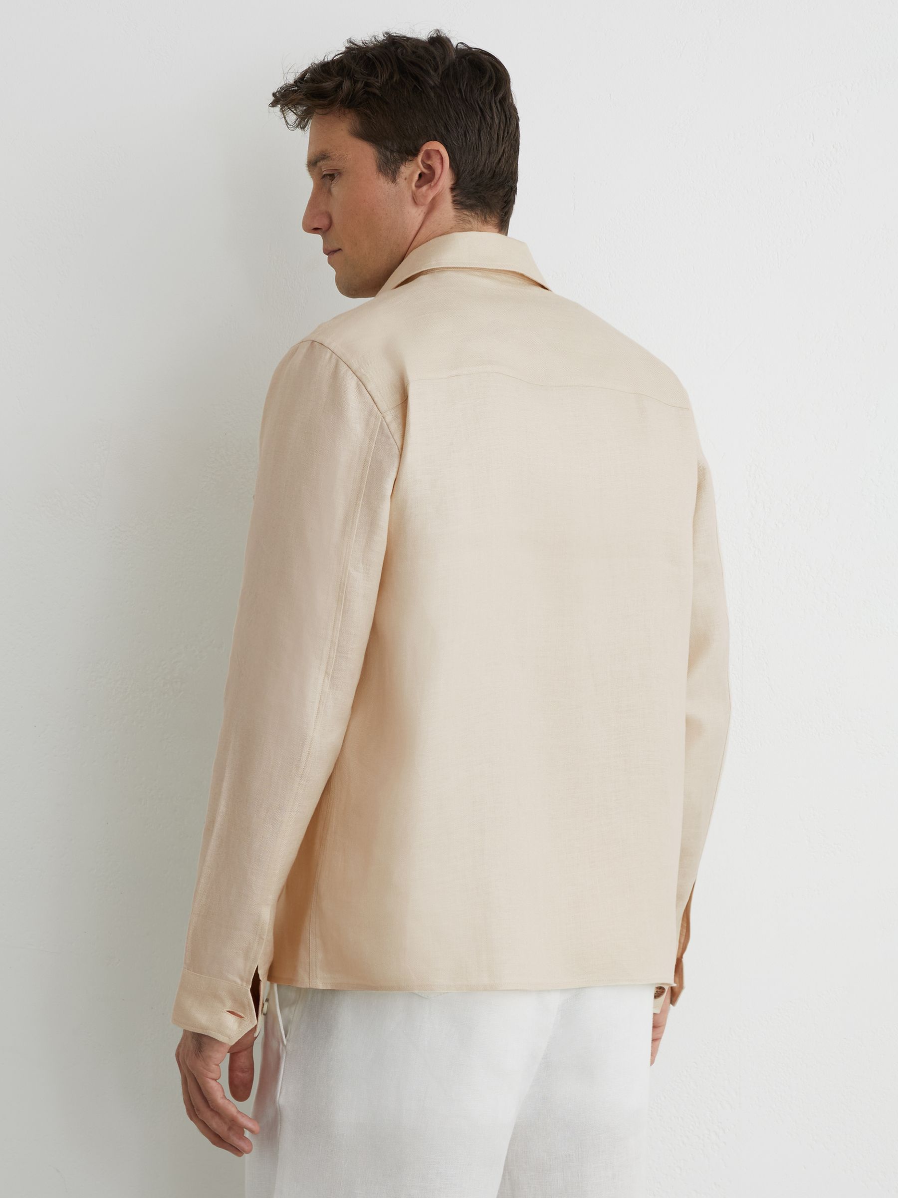 Linen Herringbone-Stripe Regular-Fit Shirt in Stone - Image 6 of 7