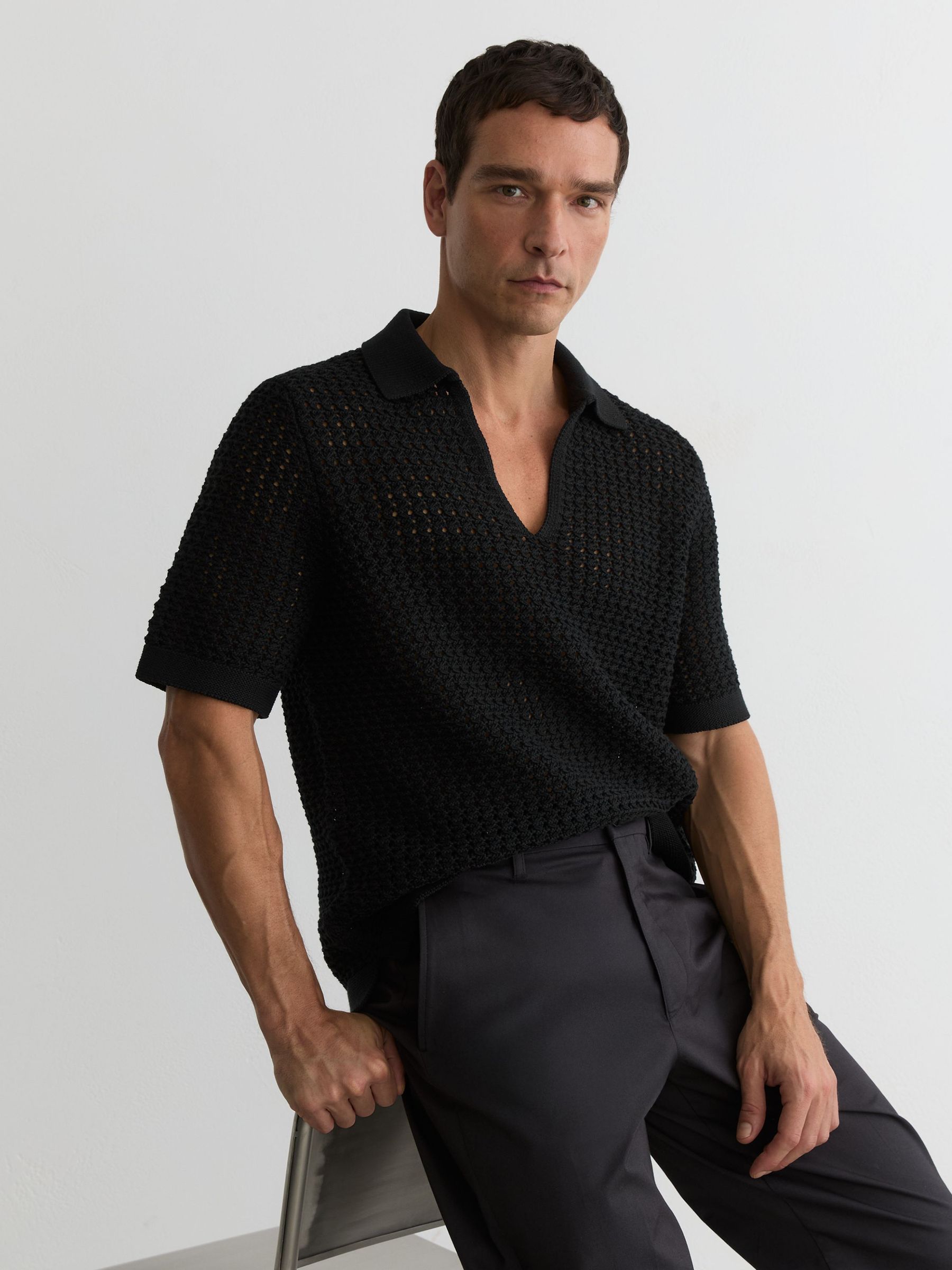 Crochet Open-Collar Polo Shirt in Black - image 2