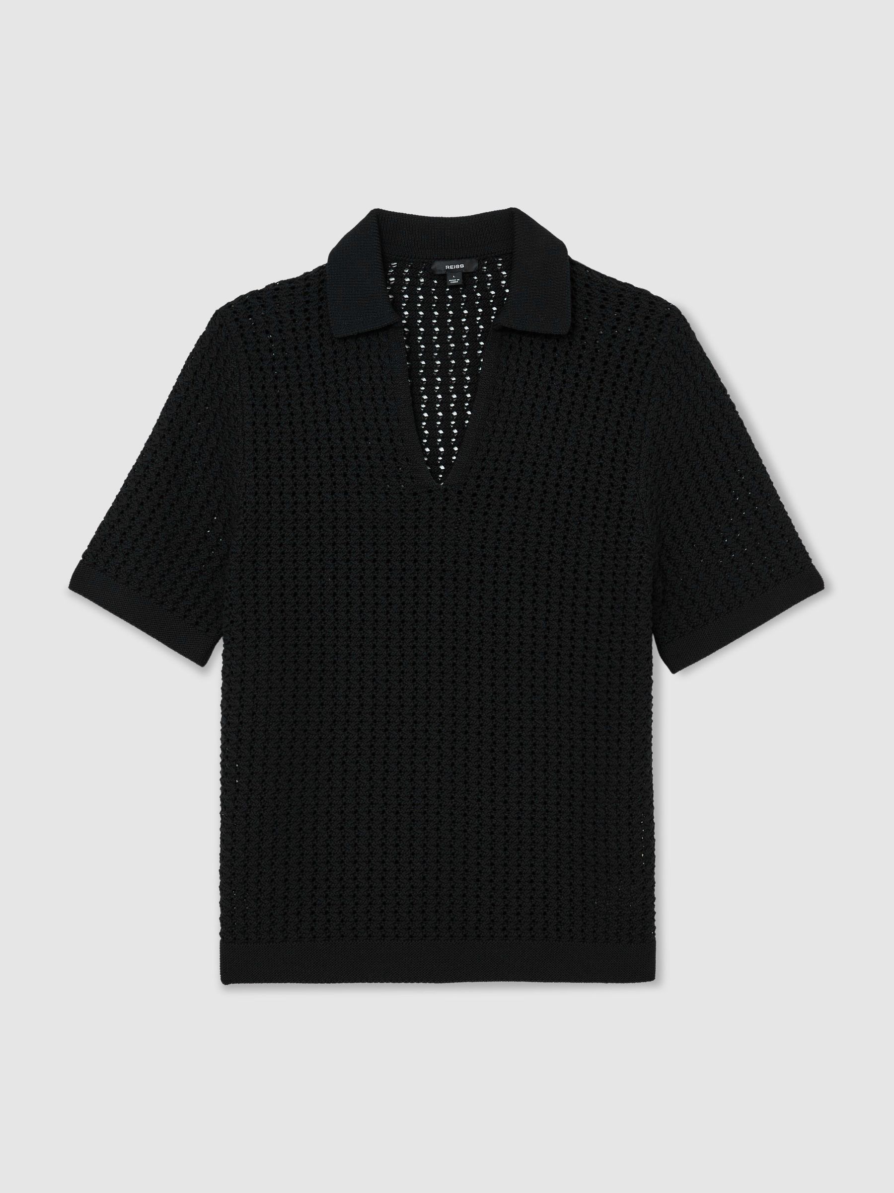Crochet Open-Collar Polo Shirt in Black - image 1
