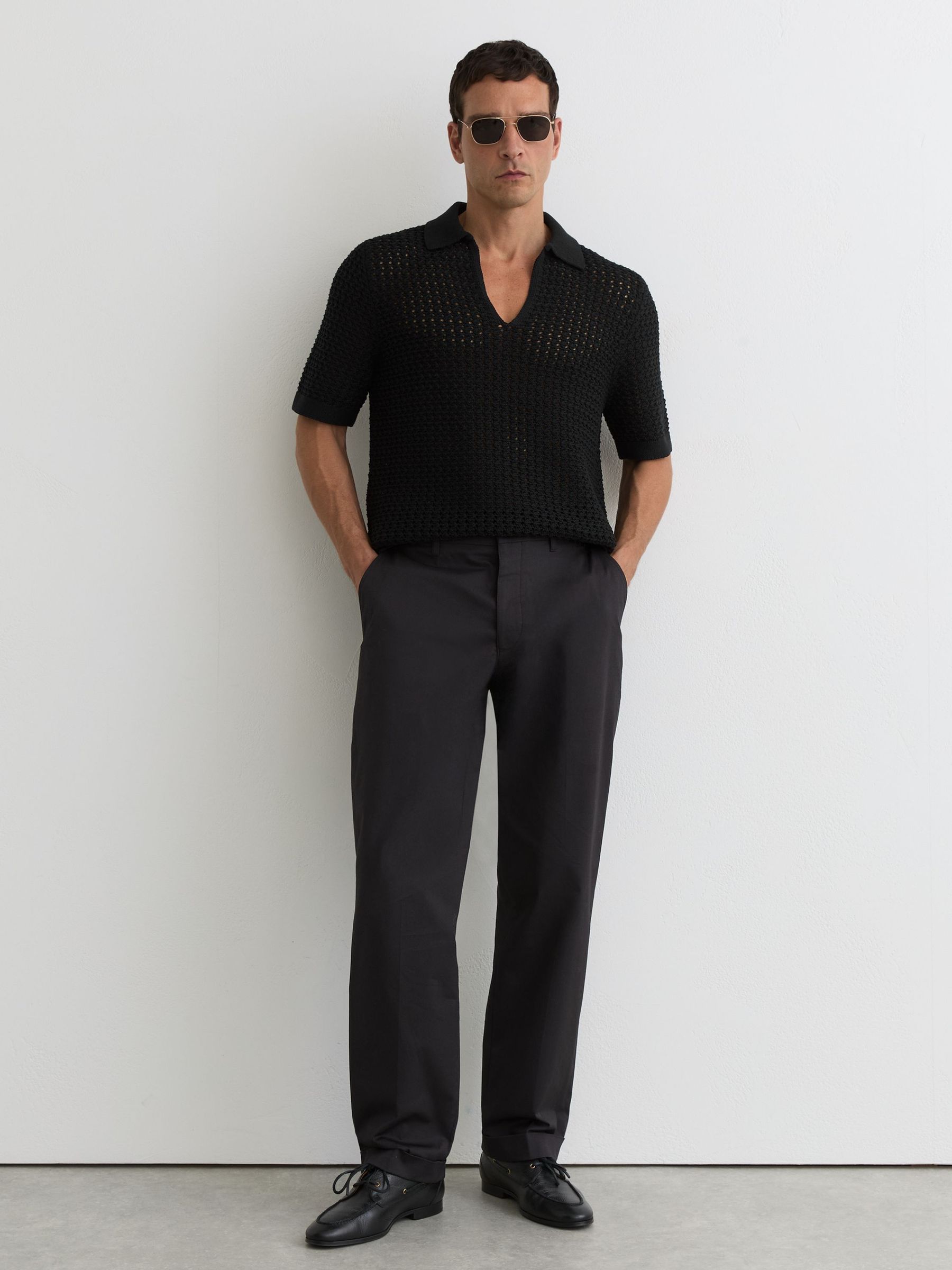 Crochet Open-Collar Polo Shirt in Black - image 5