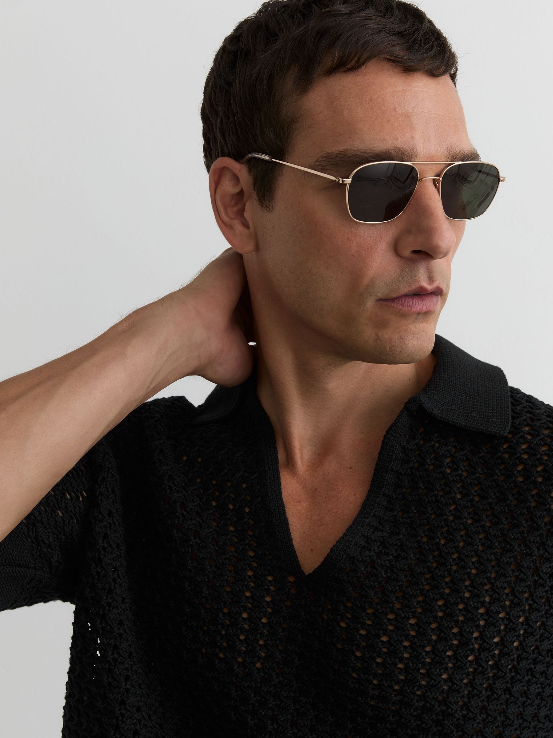 Crochet Open-Collar Polo Shirt in Black - image 4