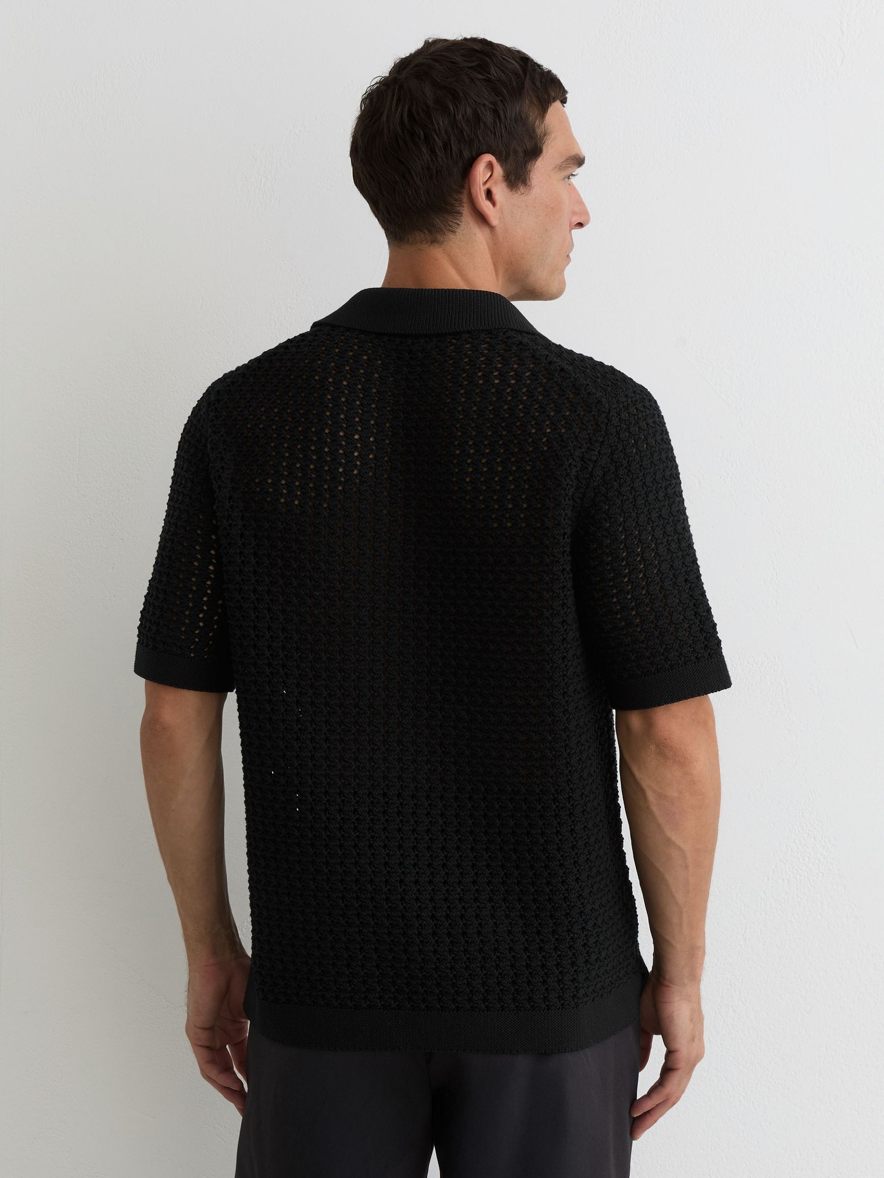 Crochet Open-Collar Polo Shirt in Black - image 3
