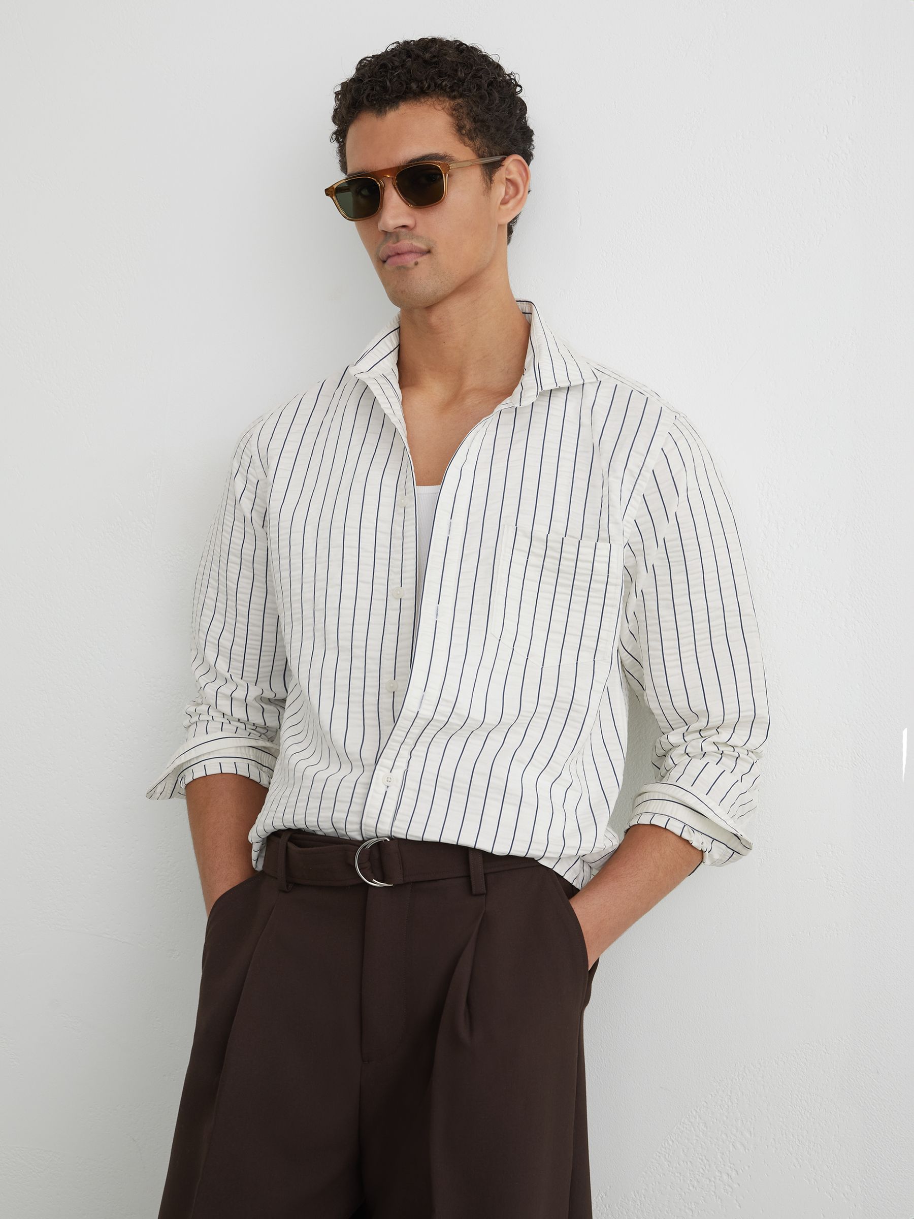 Modal-Blend Seersucker Pinstripe Shirt Regular-Fit in White/Blue - Image 1 of 7