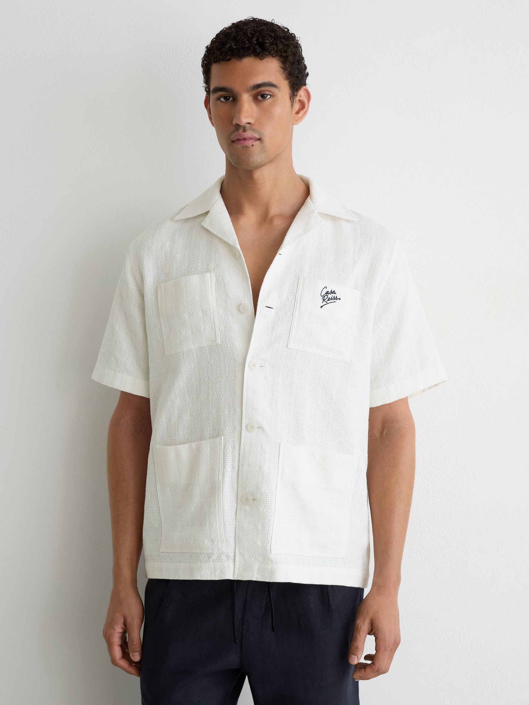 Cotton Textured Four-Pocket Logo Shirt in White - Image 1 of 6 Cotton Textured Four-Pocket Logo Shirt in White - Image 1 of 6
