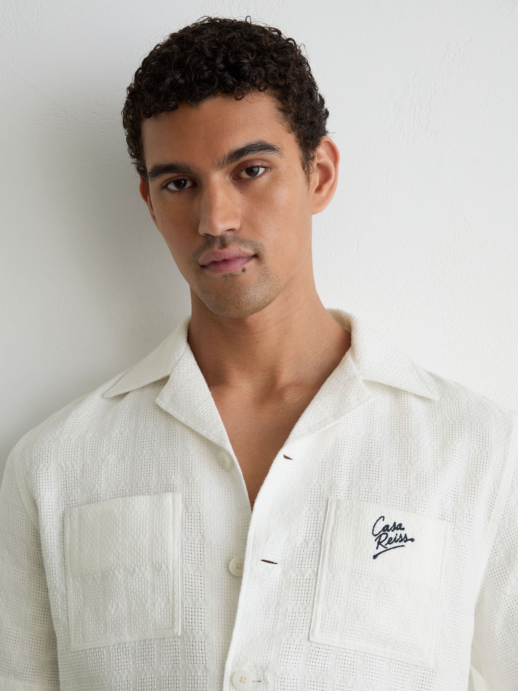 Cotton Textured Four-Pocket Logo Shirt in White - Image 3 of 6