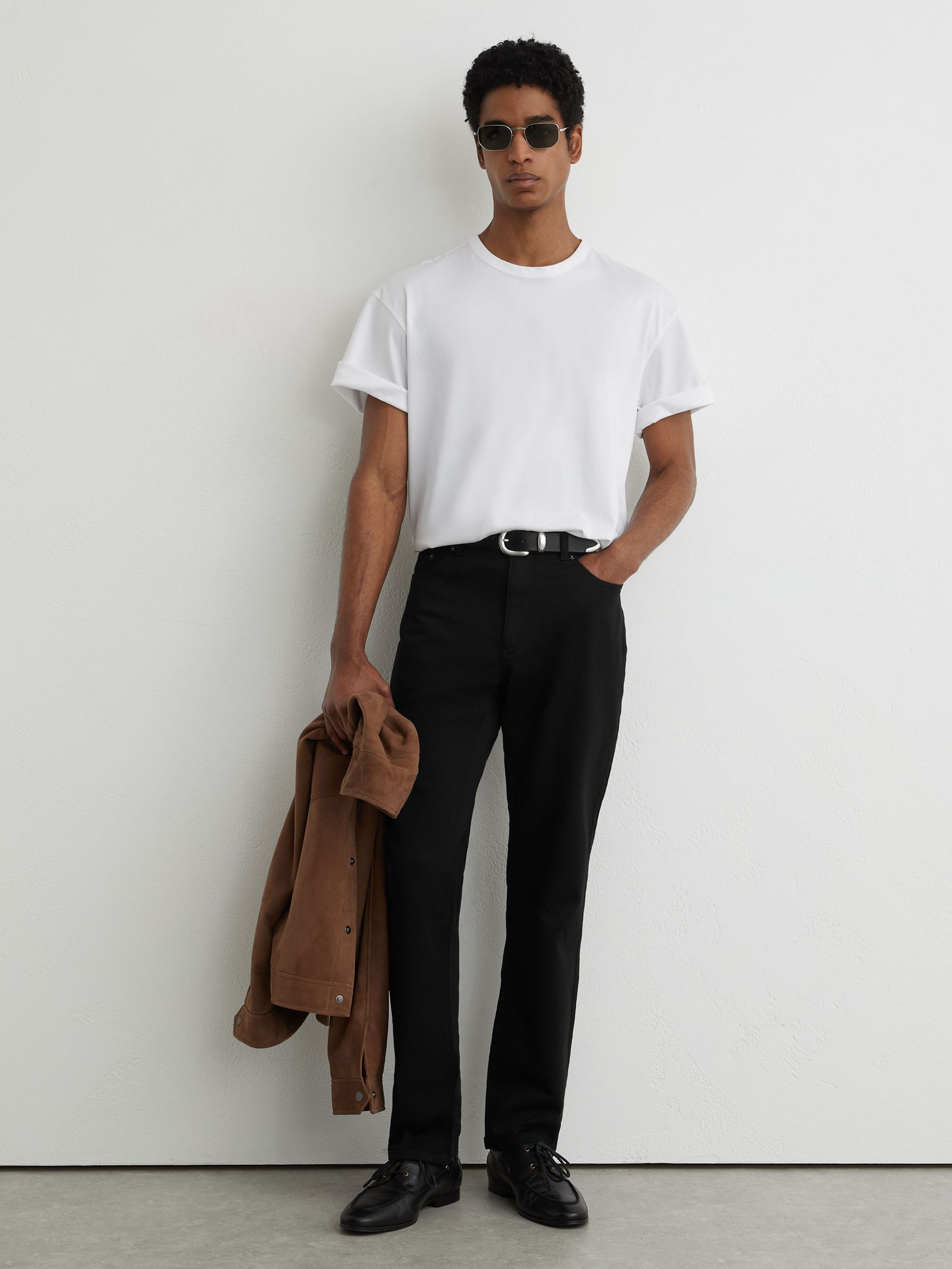 Soft-Stretch Straight-Leg Jeans in Solid Black - Image 1 of 7