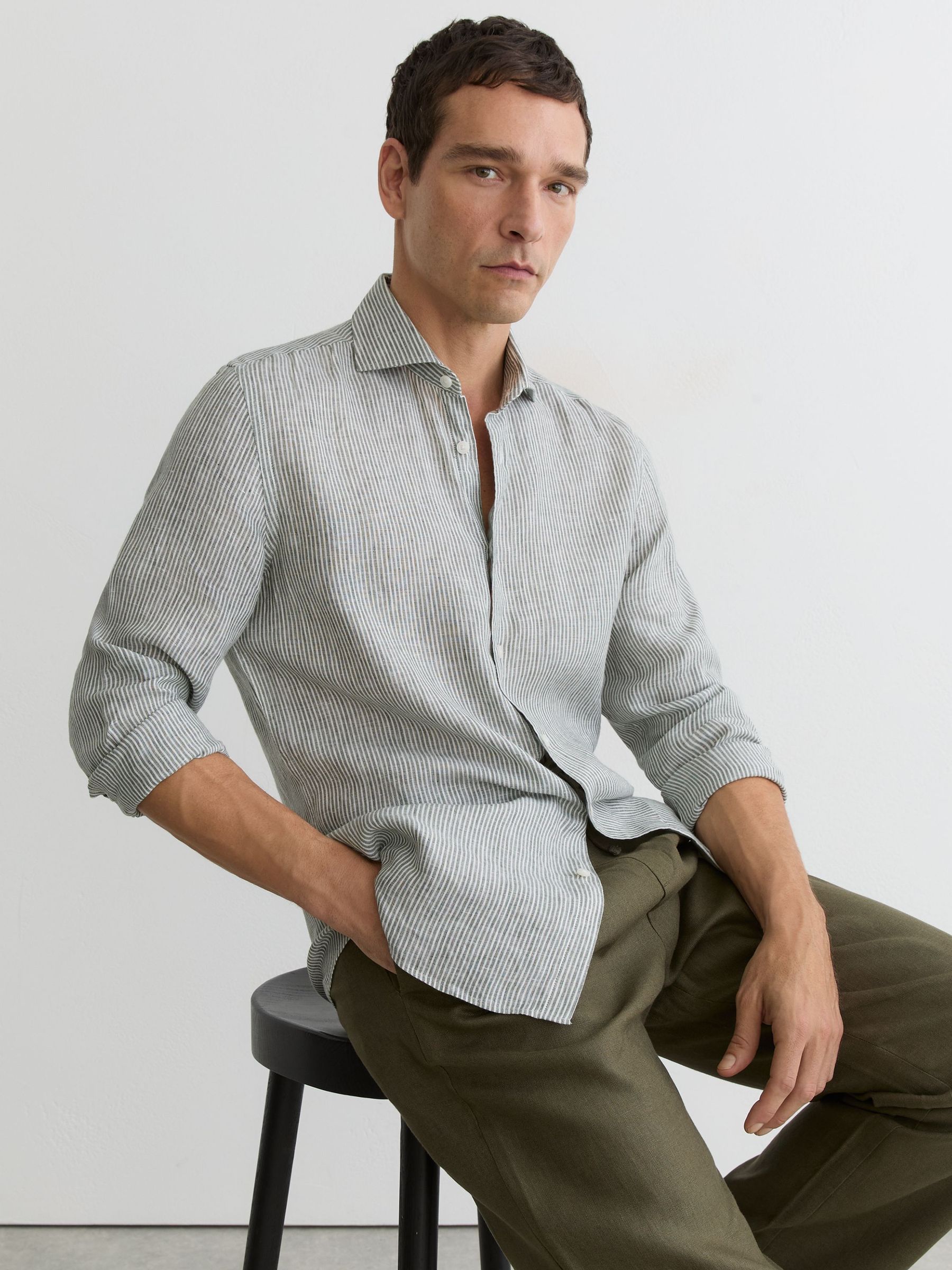 Linen Stripe Long-Sleeve Shirt in Dark Sage/White Fine Stripe - image 2