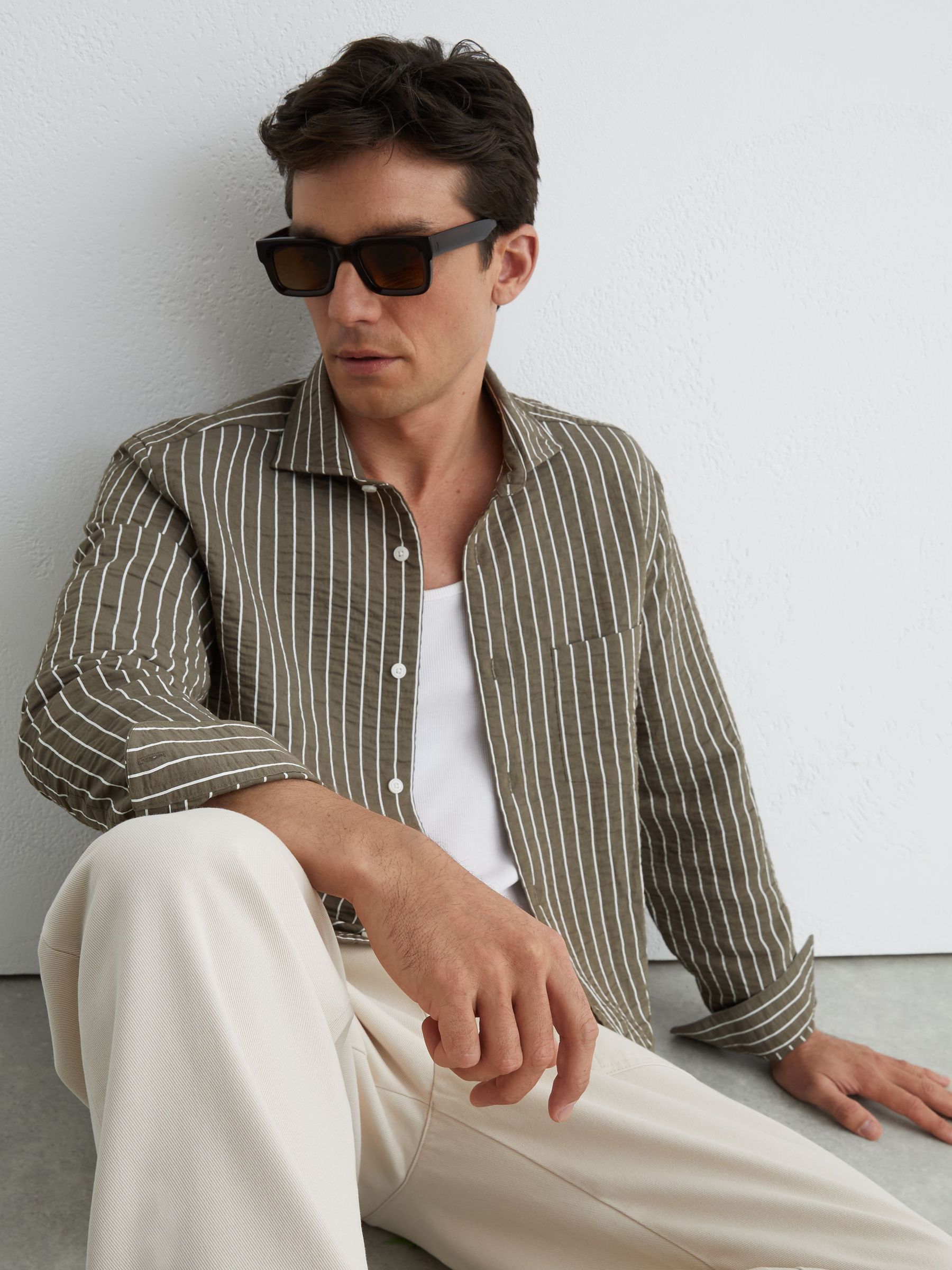 Modal-Blend Seersucker Pinstripe Shirt Regular-Fit in Vintage Green - Image 1 of 6