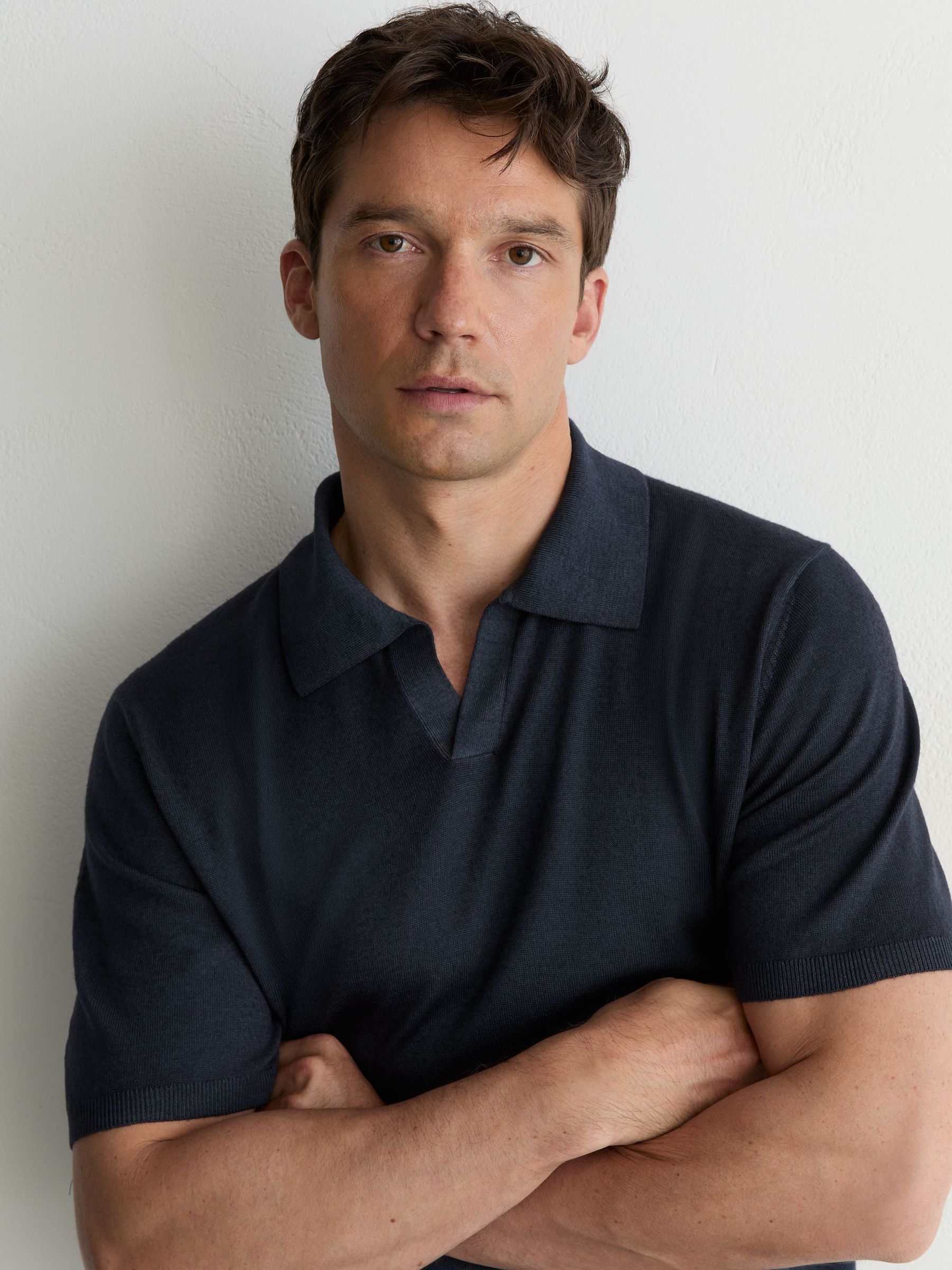 Pigment-Dyed Merino Wool Open-Collar Polo Shirt in Navy - Image 1 of 6
