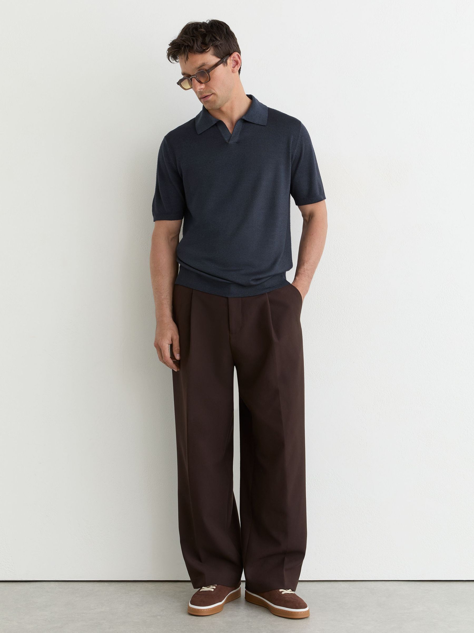 Pigment-Dyed Merino Wool Open-Collar Polo Shirt in Navy - Image 3 of 6