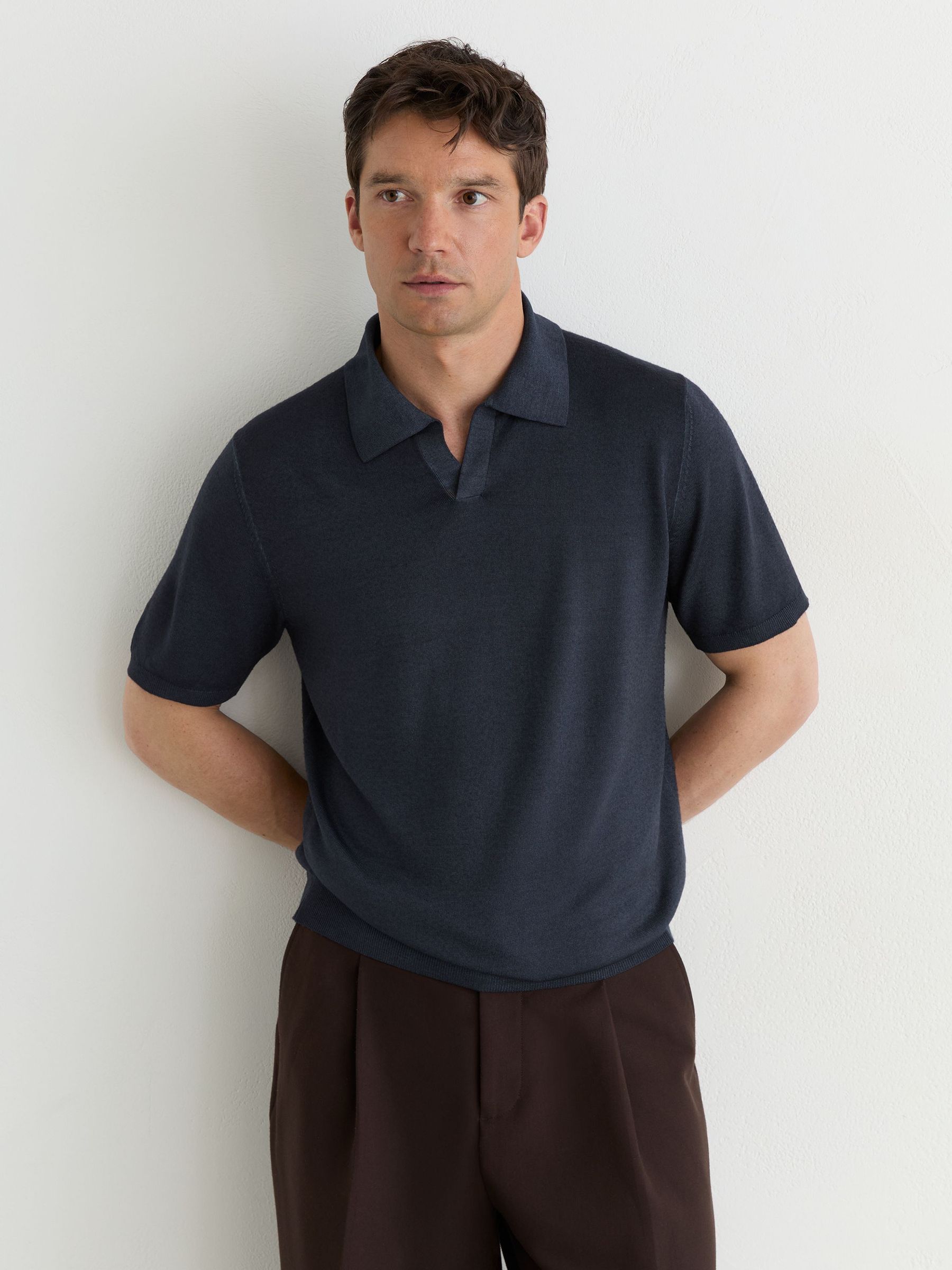 Pigment-Dyed Merino Wool Open-Collar Polo Shirt in Navy - Image 4 of 6