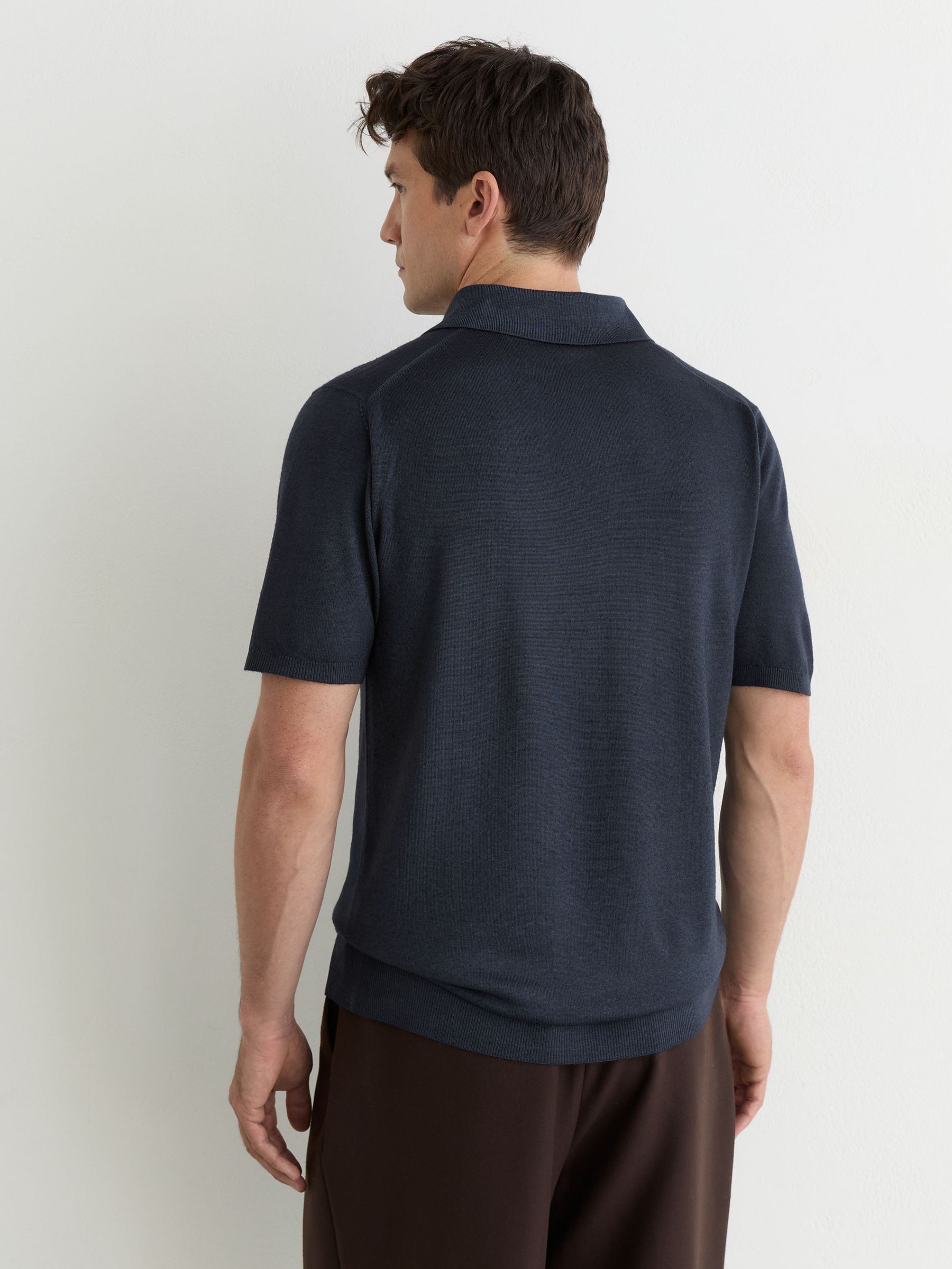 Pigment-Dyed Merino Wool Open-Collar Polo Shirt in Navy - Image 5 of 6