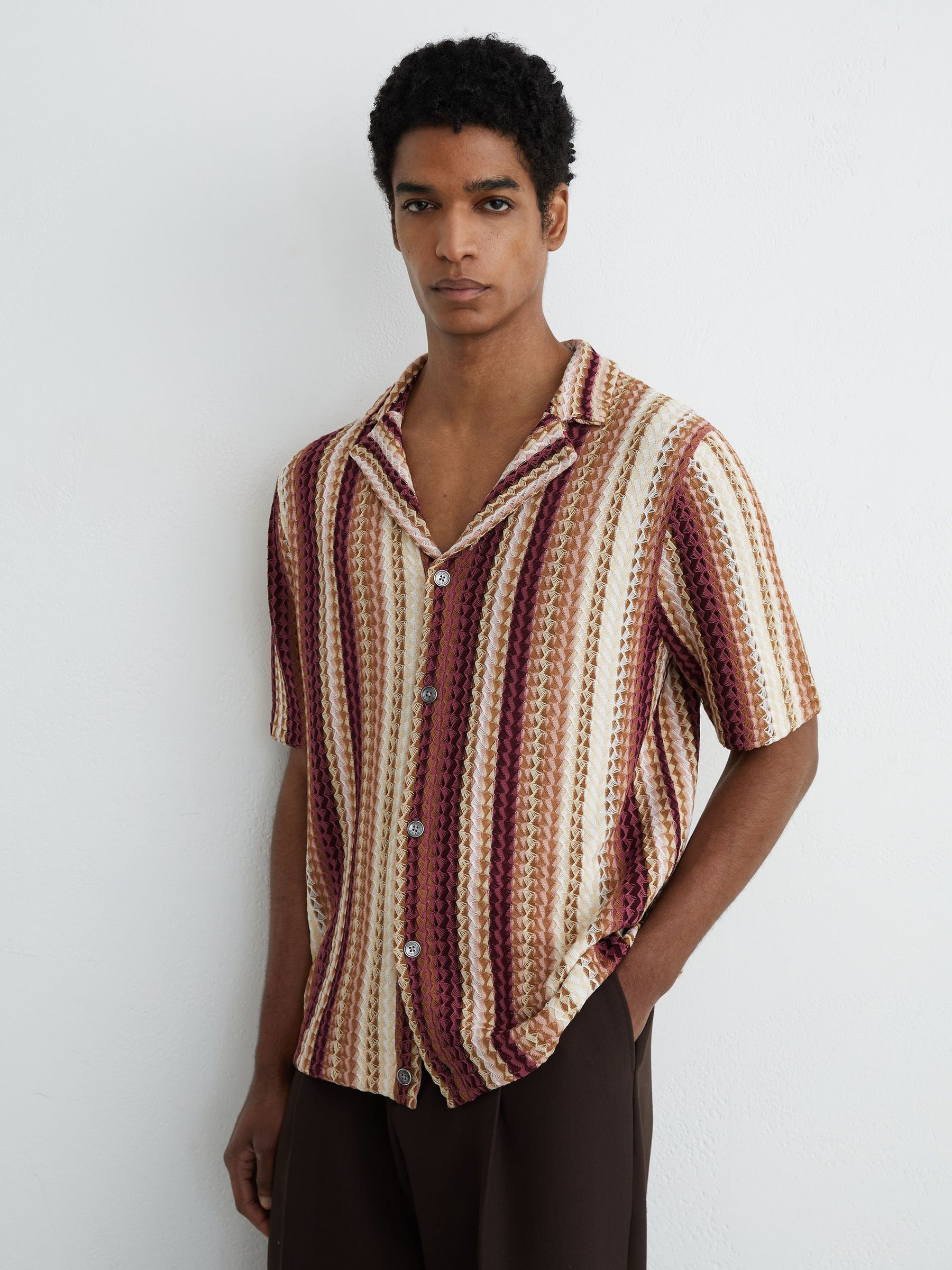 Stripe-Knit Cuban-Collar Shirt in Pink - image 4