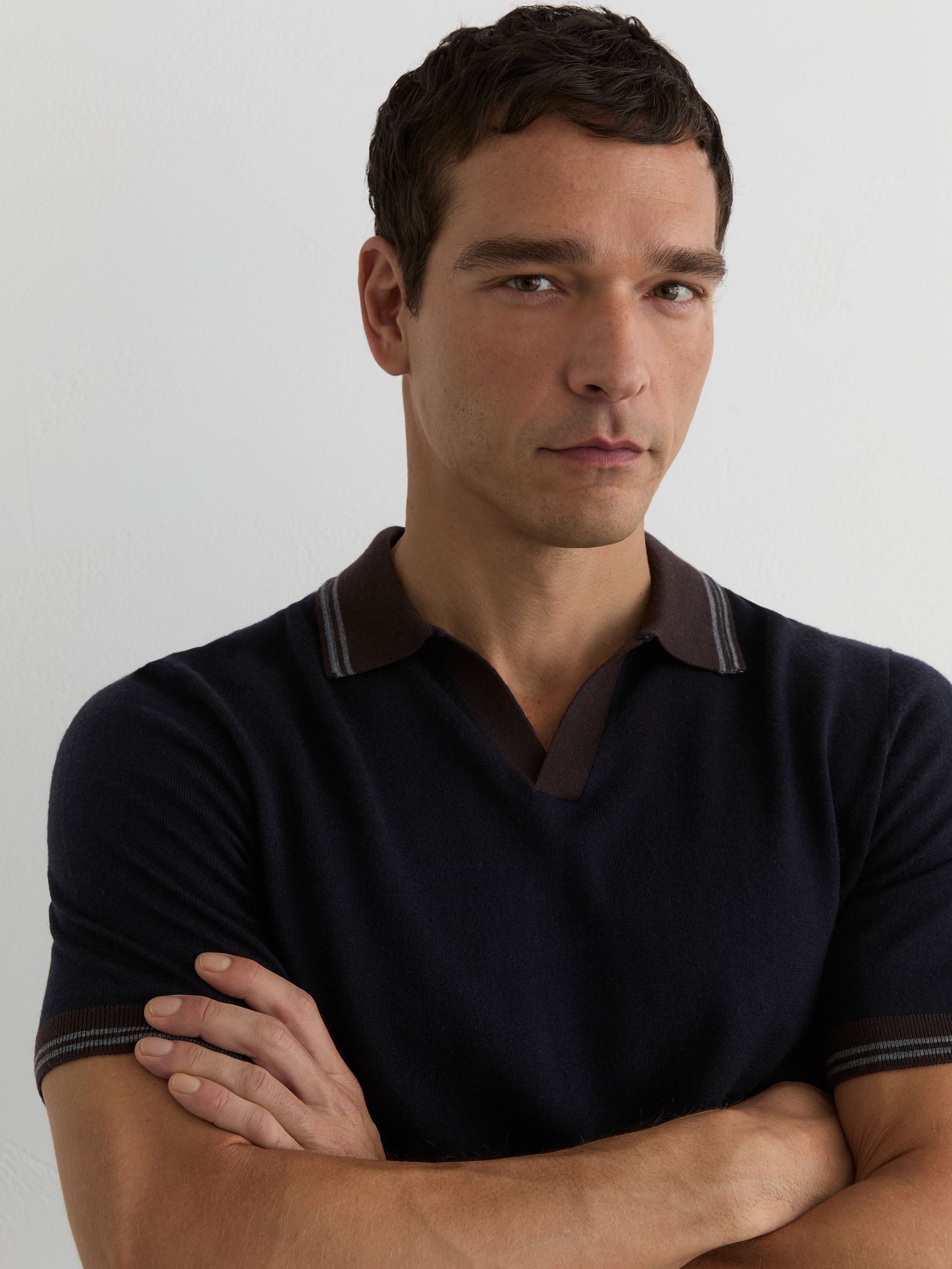 Merino Wool Tipped Polo Jumper in Navy - image 2