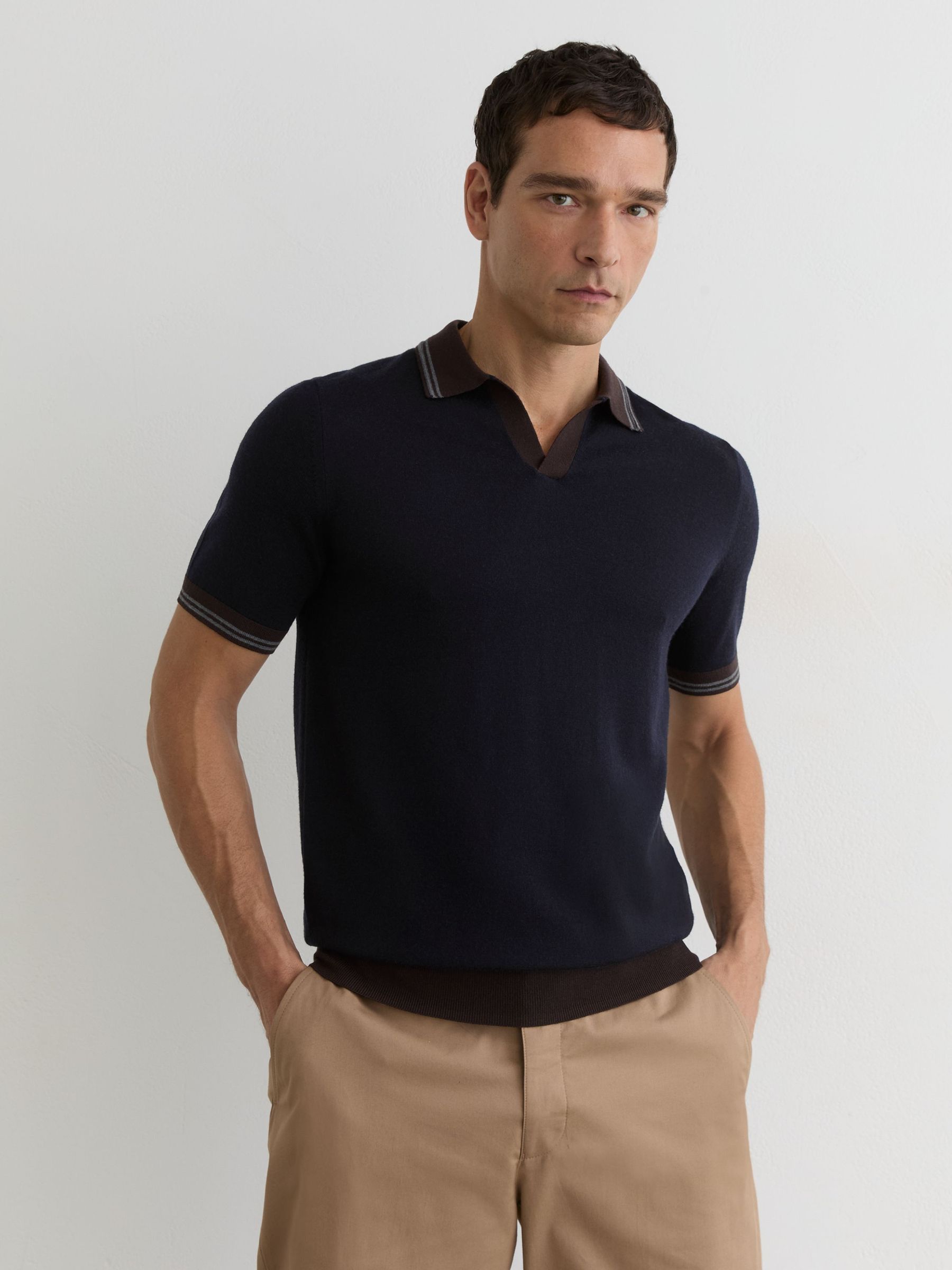 Merino Wool Tipped Polo Jumper in Navy - image 5