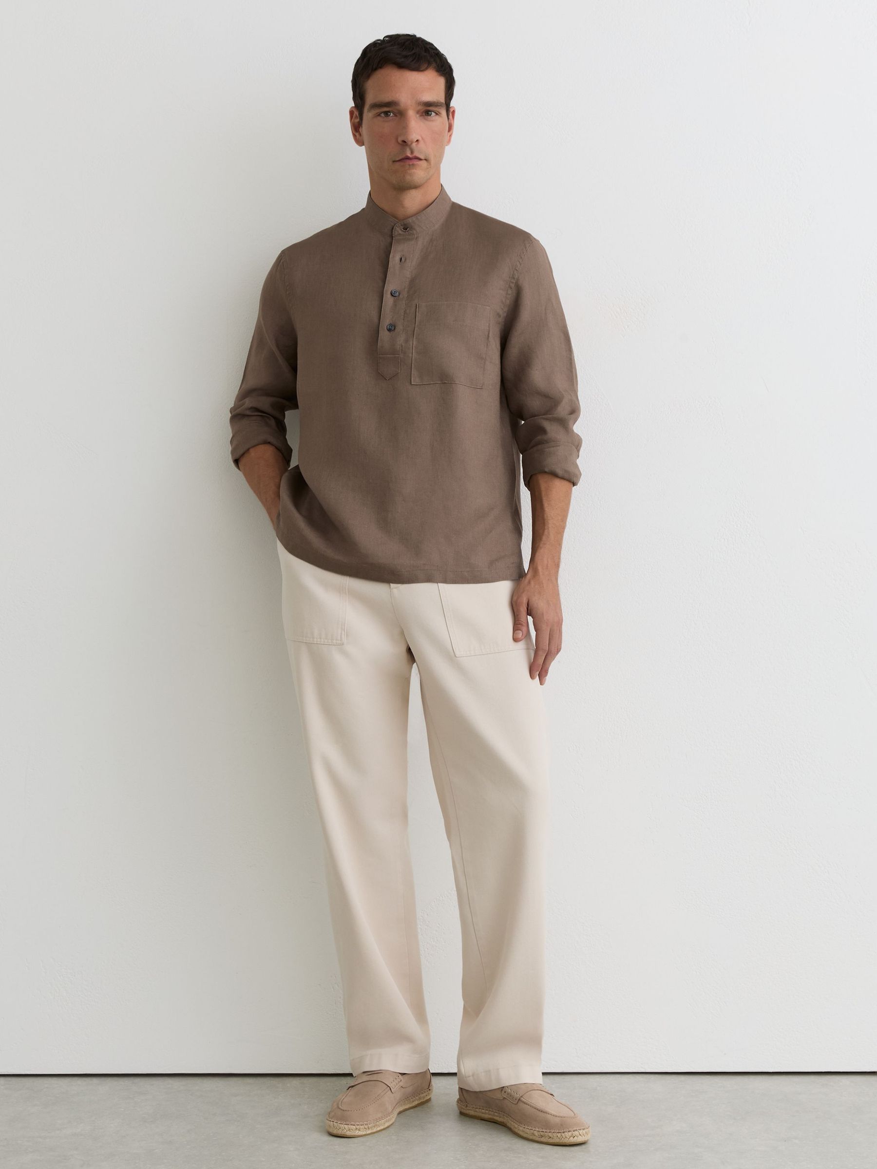 Linen Grandad-Collar Half-Button Shirt Regular-Fit in Soft Brown - image 2