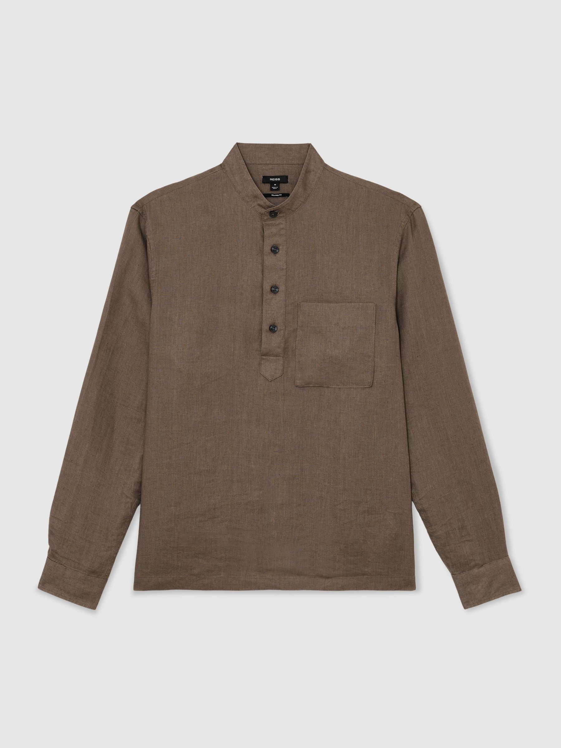 Linen Grandad-Collar Half-Button Shirt Regular-Fit in Soft Brown - image 1