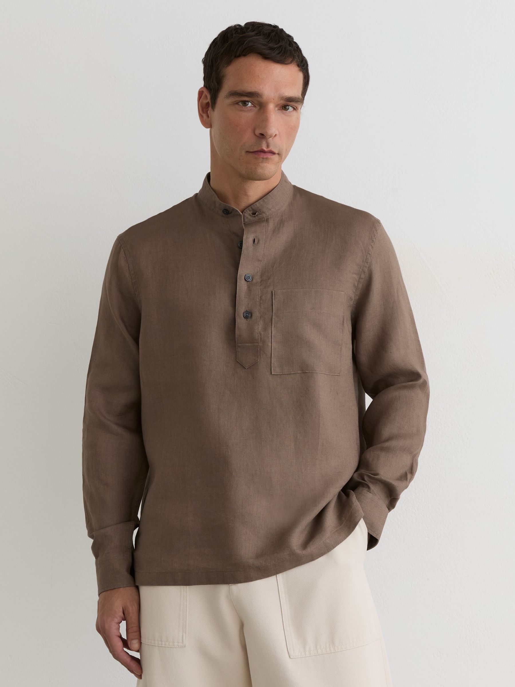 Linen Grandad-Collar Half-Button Shirt Regular-Fit in Soft Brown - image 5