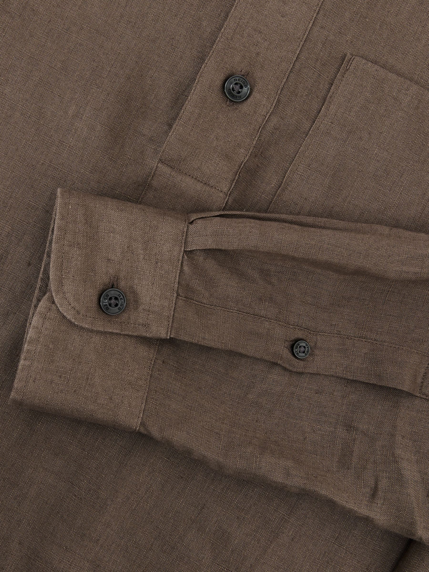Linen Grandad-Collar Half-Button Shirt Regular-Fit in Soft Brown - image 3