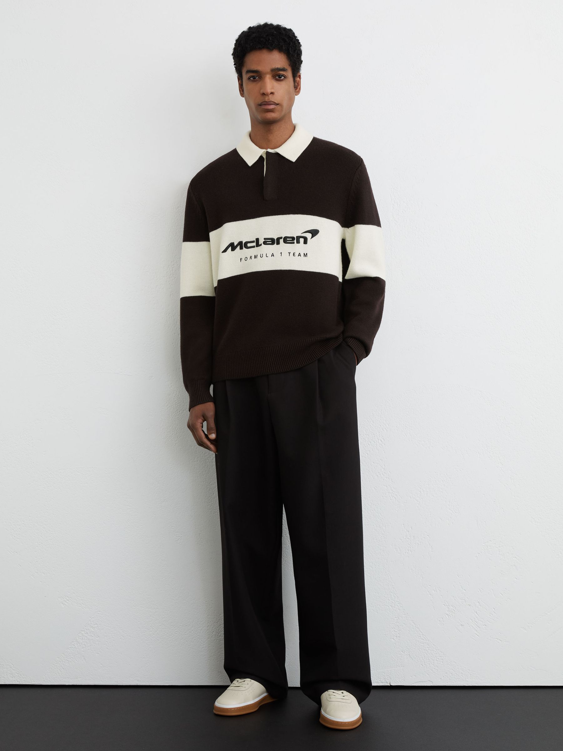 McLaren Racing Rugby Polo Jumper Unisex-Fit in Chocolate Brown / Off White - Image 1 of 7