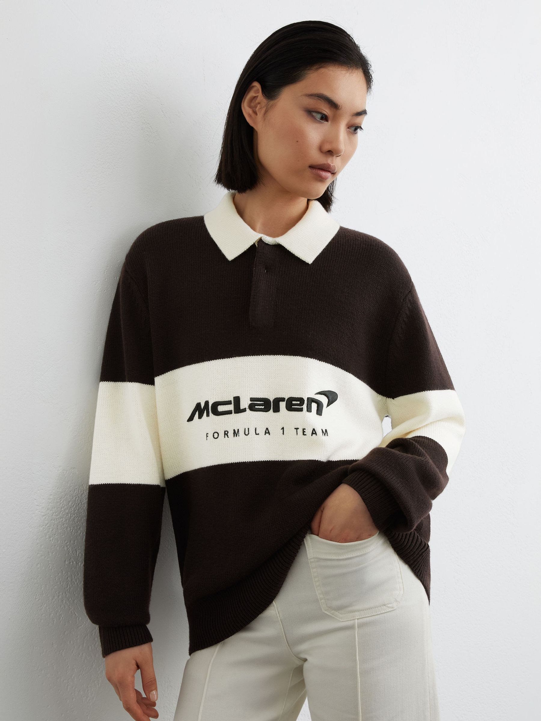McLaren Racing Rugby Polo Jumper Unisex-Fit in Chocolate Brown / Off White - Image 3 of 7