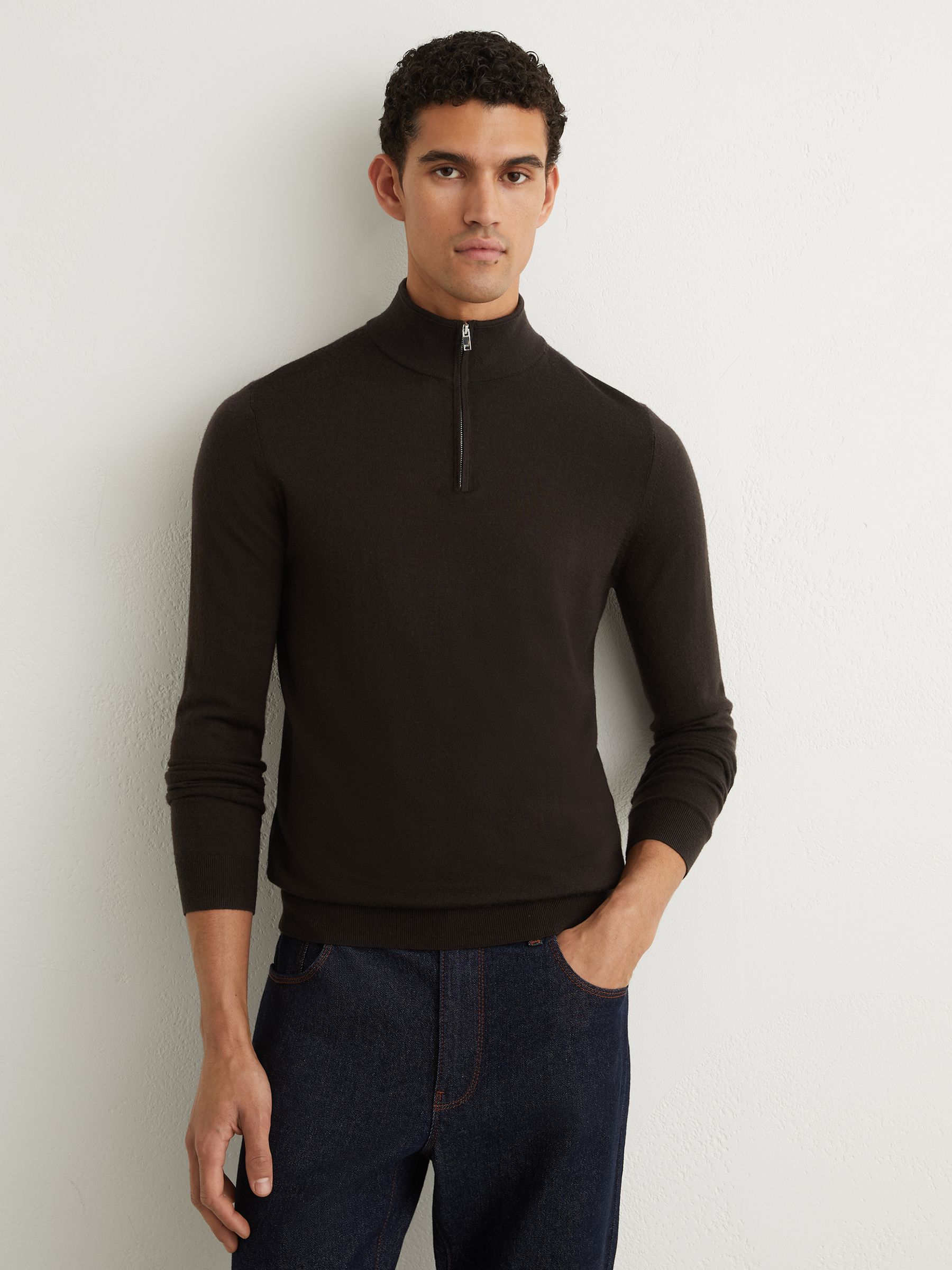 Merino Wool Half-Zip Funnel Neck Jumper in Dark Brown - Image 1 of 6