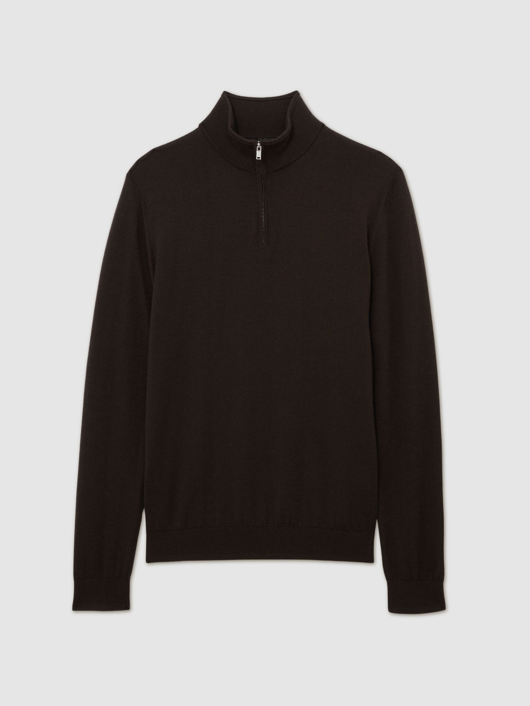 Merino Wool Half-Zip Funnel Neck Jumper in Dark Brown - Image 2 of 6