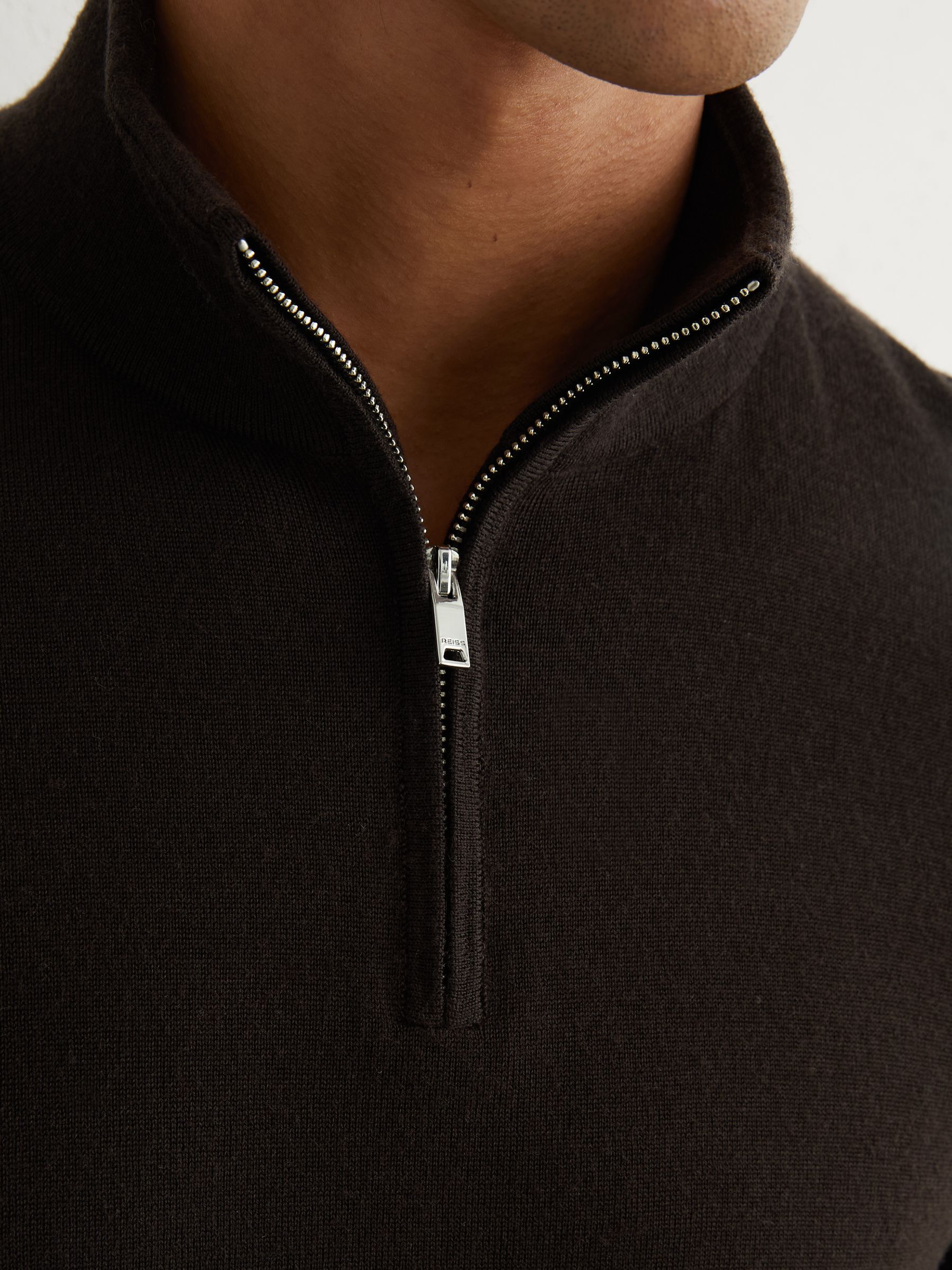 Merino Wool Half-Zip Funnel Neck Jumper in Dark Brown - Image 3 of 6