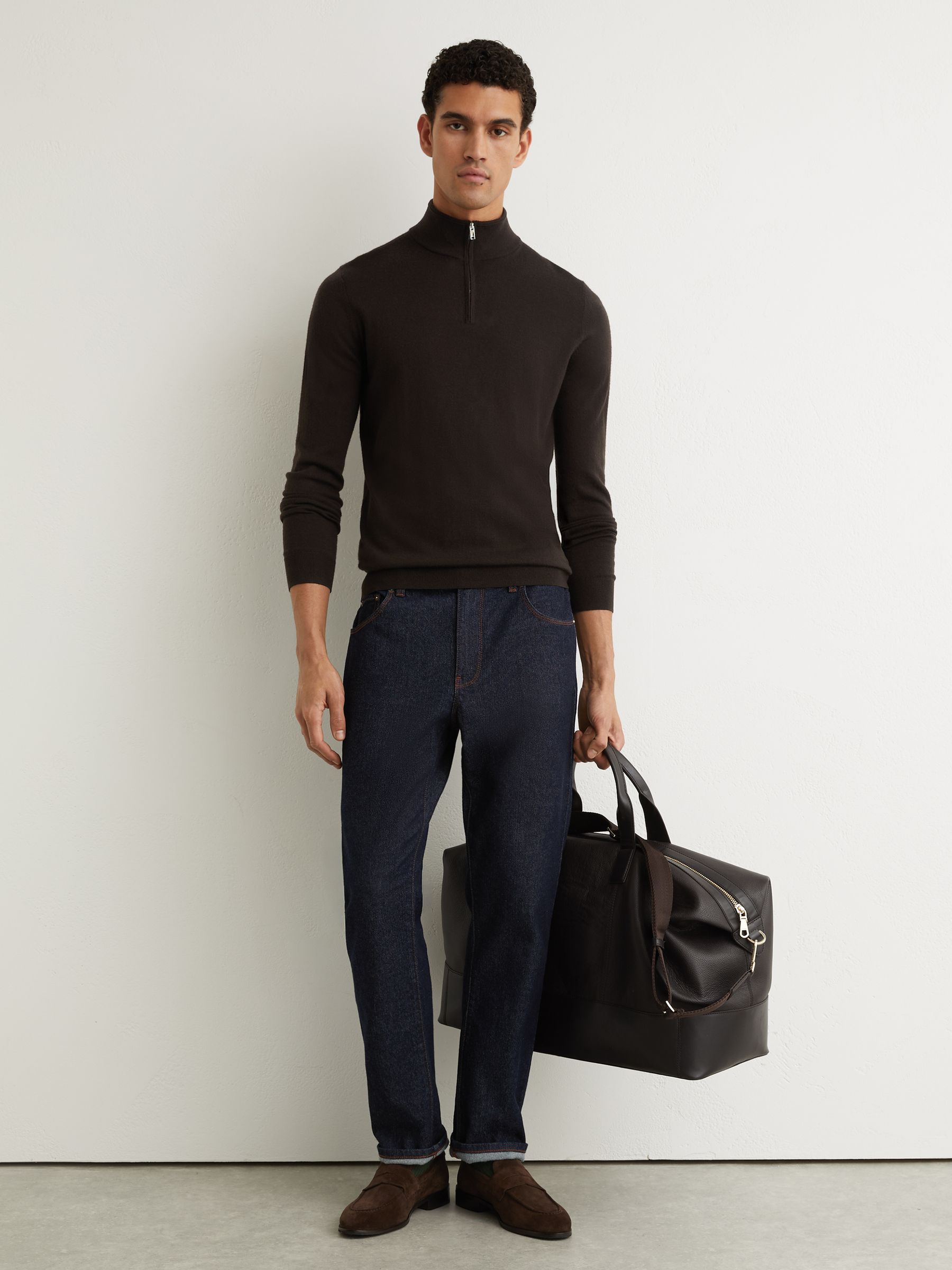 Wool Half-Zip Funnel Neck Jumper in Dark Brown - image 4