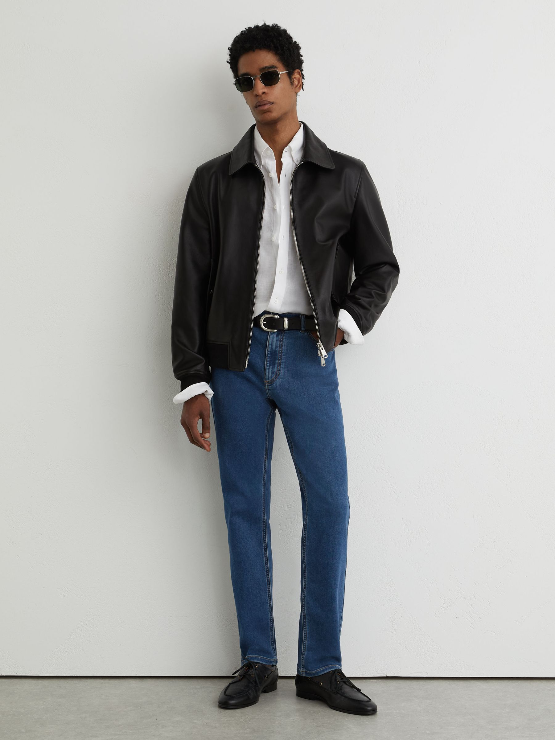 Soft-Stretch Straight-Leg Jeans in Dark Rinsed Blue Wash - Image 1 of 7