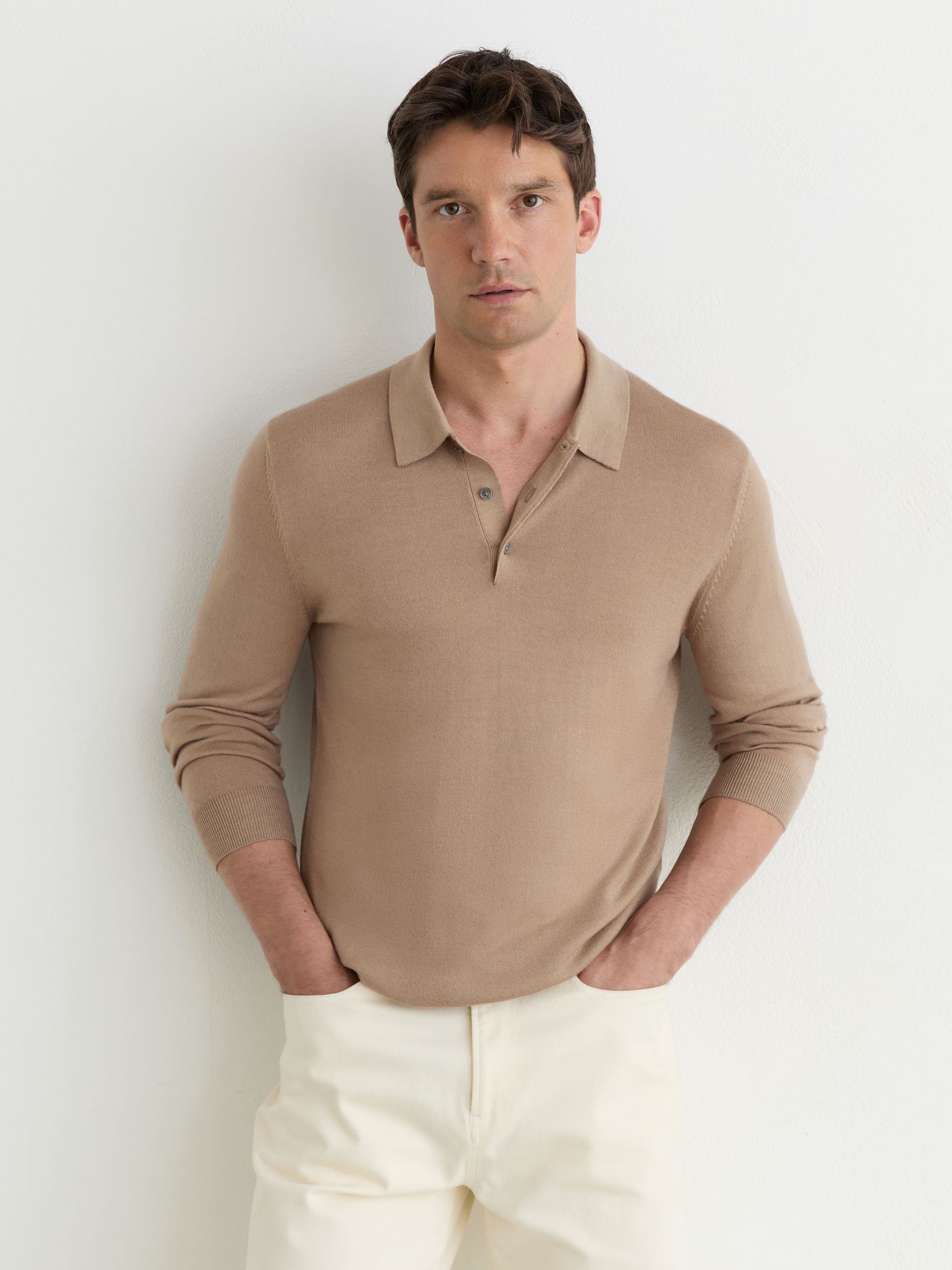 Pigment-Dyed Merino Wool Long-Sleeve Polo in Taupe Brown - Image 1 of 6