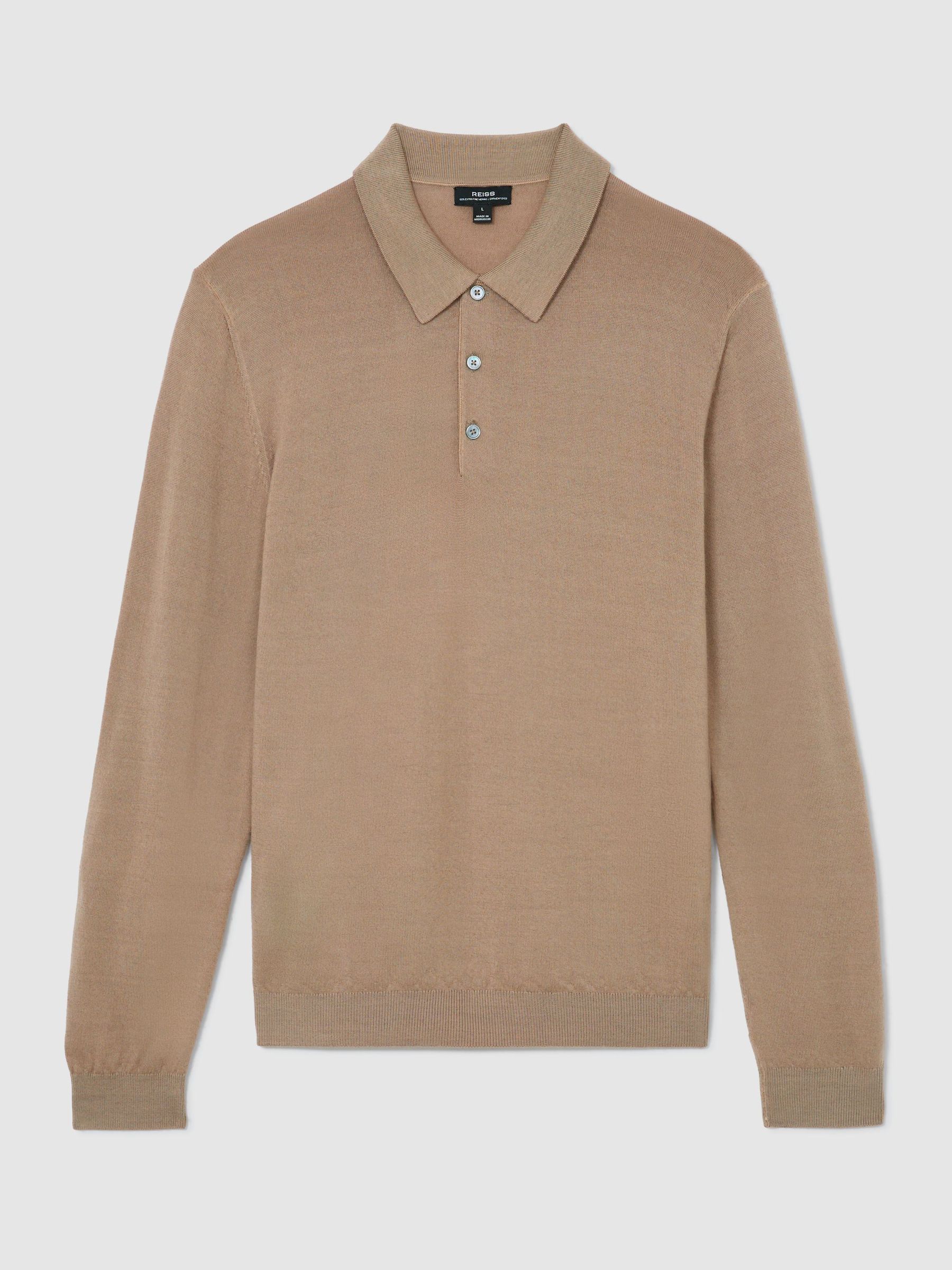 Pigment-Dyed Merino Wool Long-Sleeve Polo in Taupe Brown - Image 2 of 6